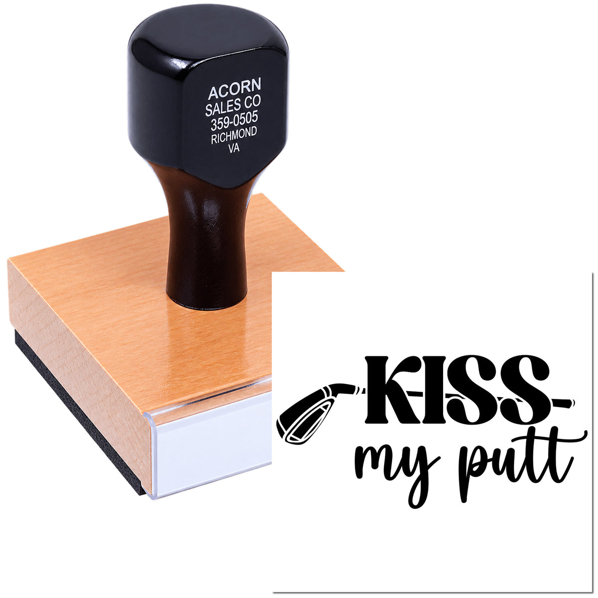 Custom rubber stamp with Kiss My Putt golf pun, shown stamped on a block for personalized DIY crafts.