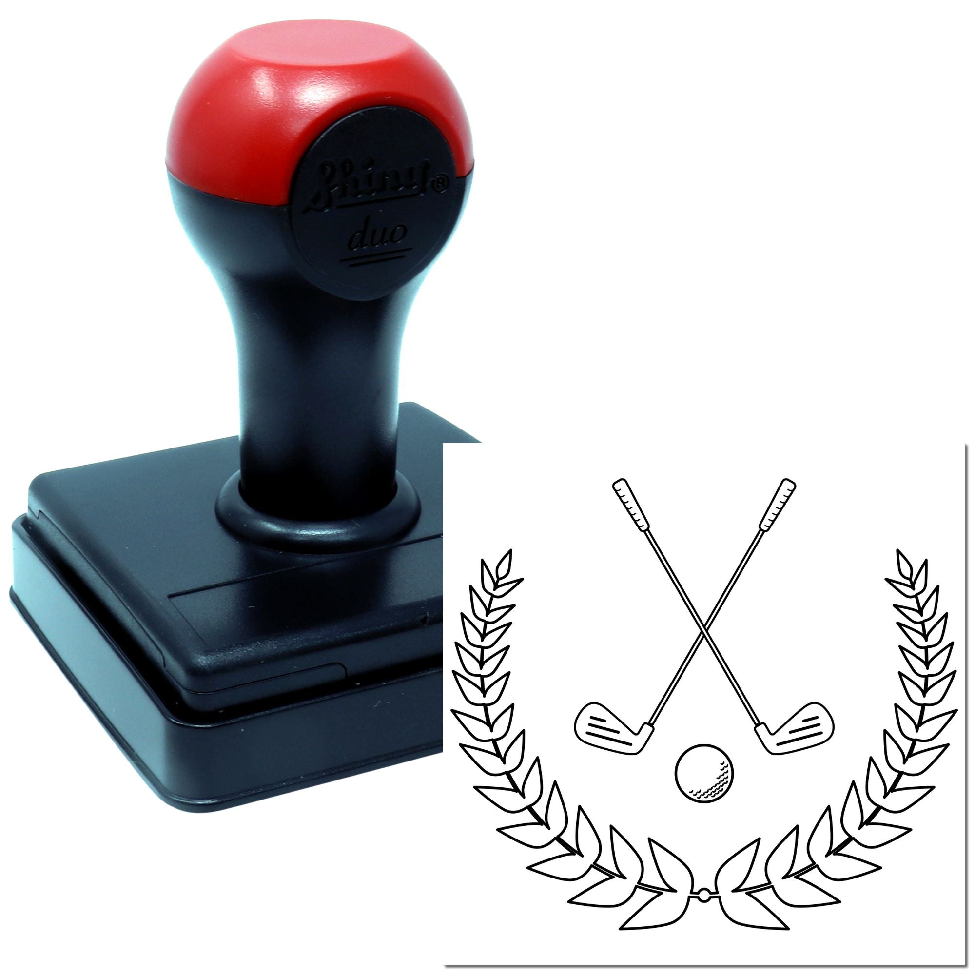 Self-inking golf rubber stamp with crossed clubs and laurel wreath, ideal for custom sports branding and event use.