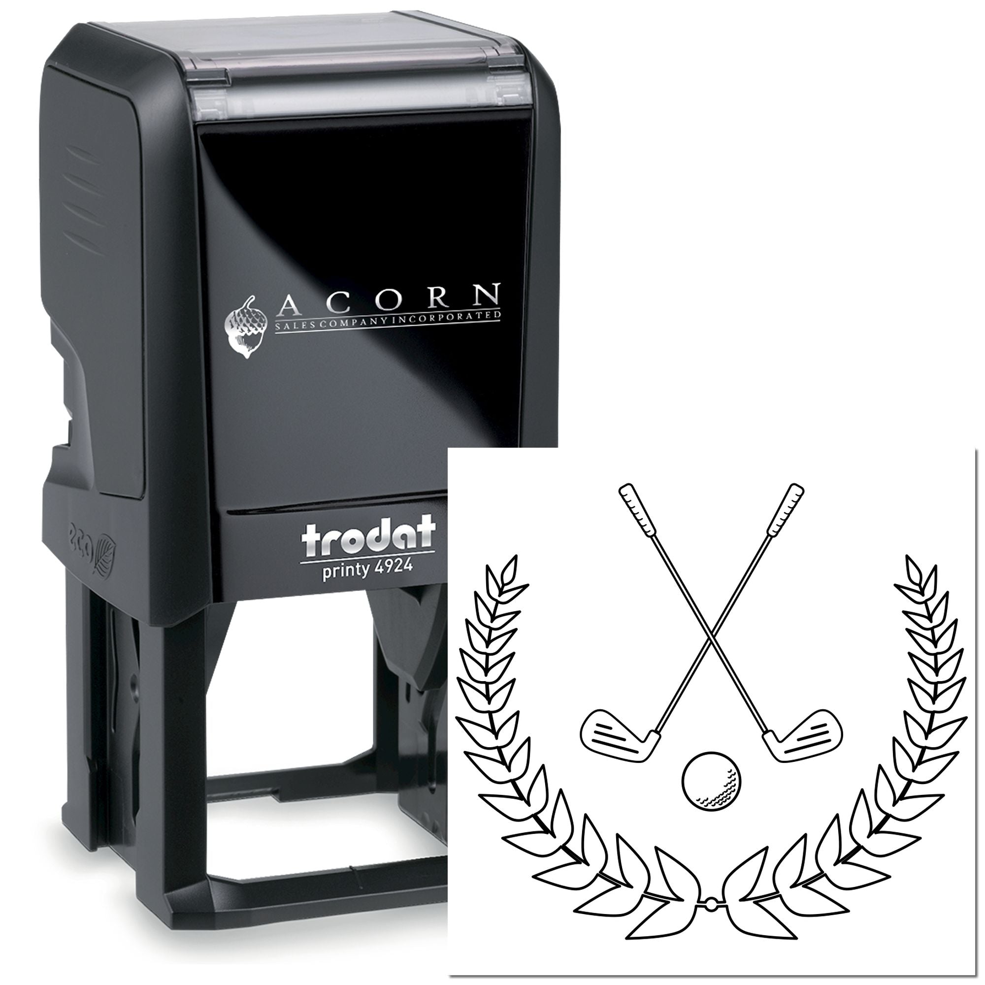 Custom self-inking rubber stamp with golf club logo, Trodat Printy 4924, for branded business stationery.