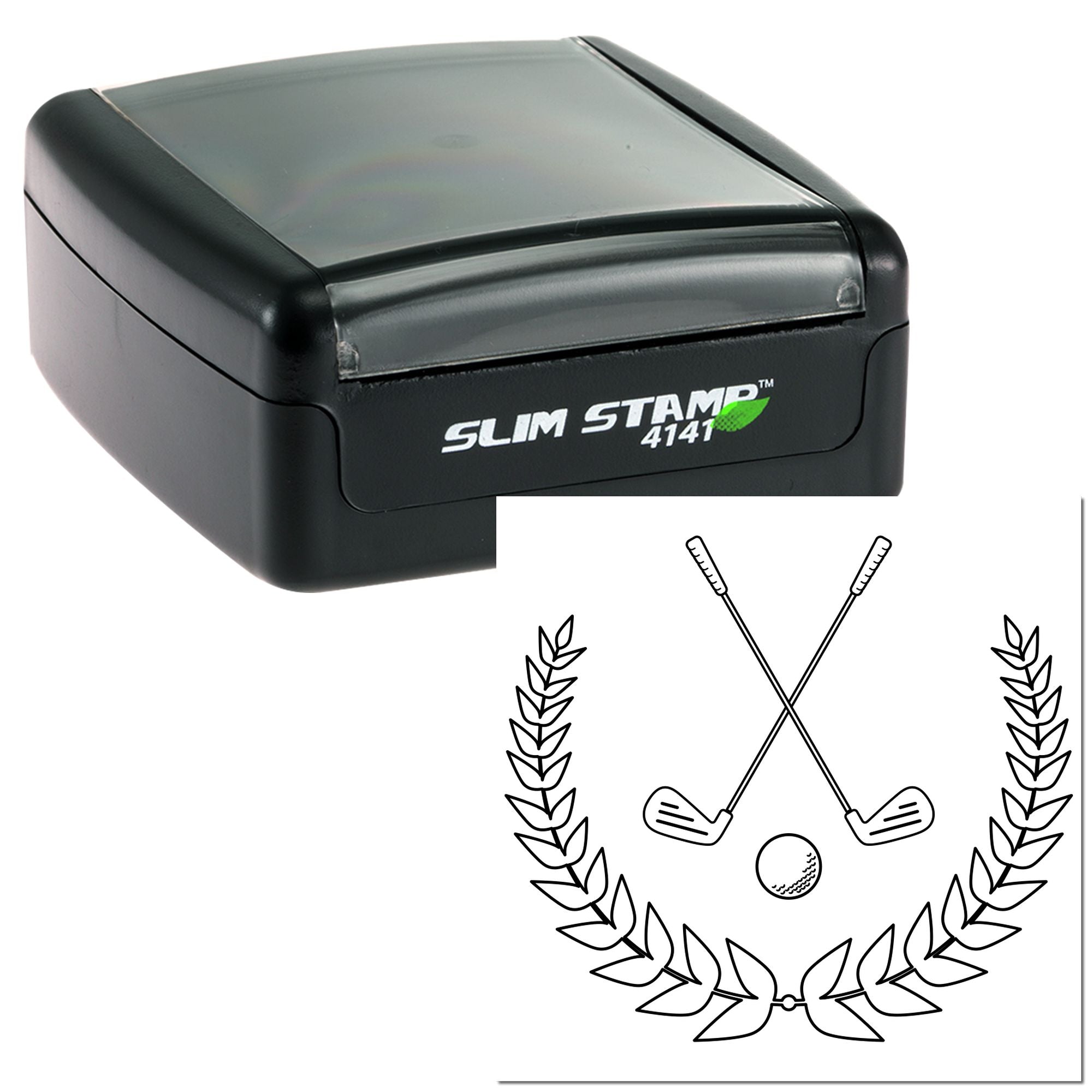 Slim Stamp 4141 self-inking rubber stamp with crossed golf clubs and laurel wreath design for custom golf branding