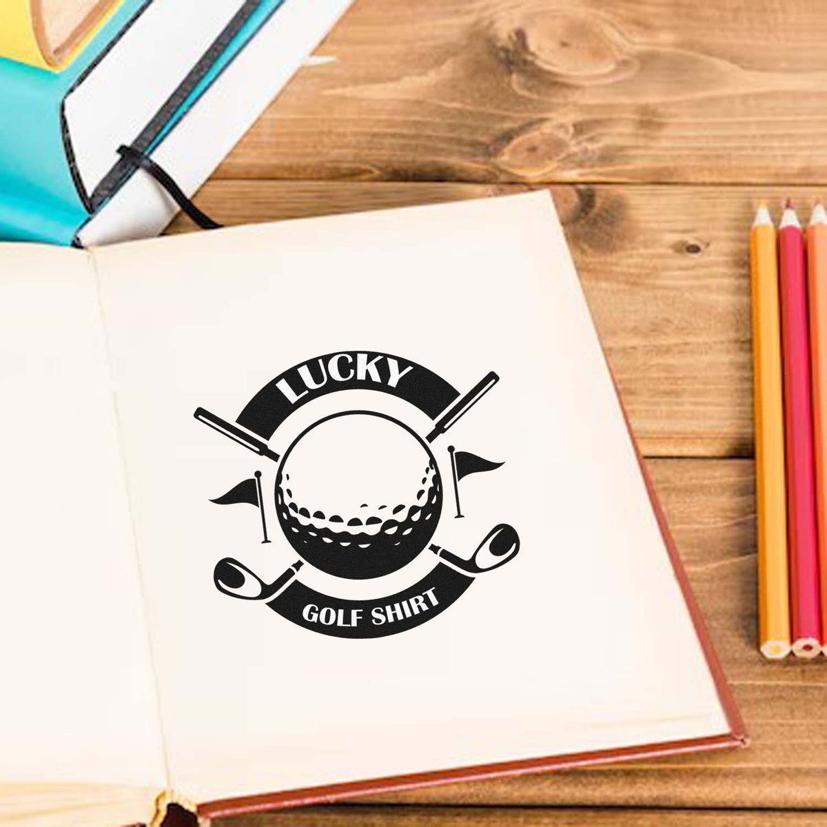 Custom rubber stamp design with golf ball and clubs, reading Lucky Golf Shirt, for golf-themed notebooks and crafts.