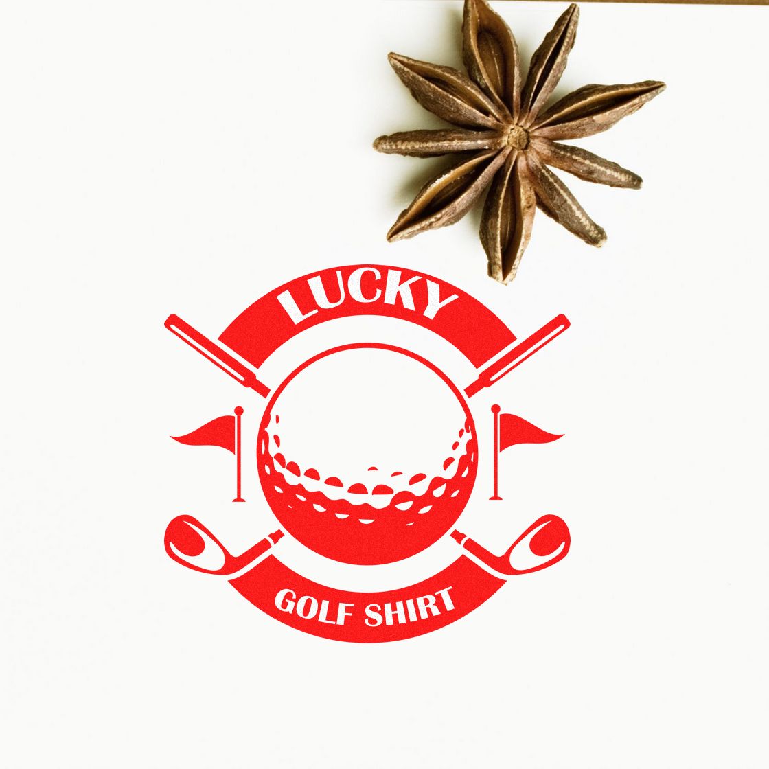 Lucky golf shirt rubber stamp with golf ball, clubs and flags for custom golf apparel, scrapbooking, and craft projects.
