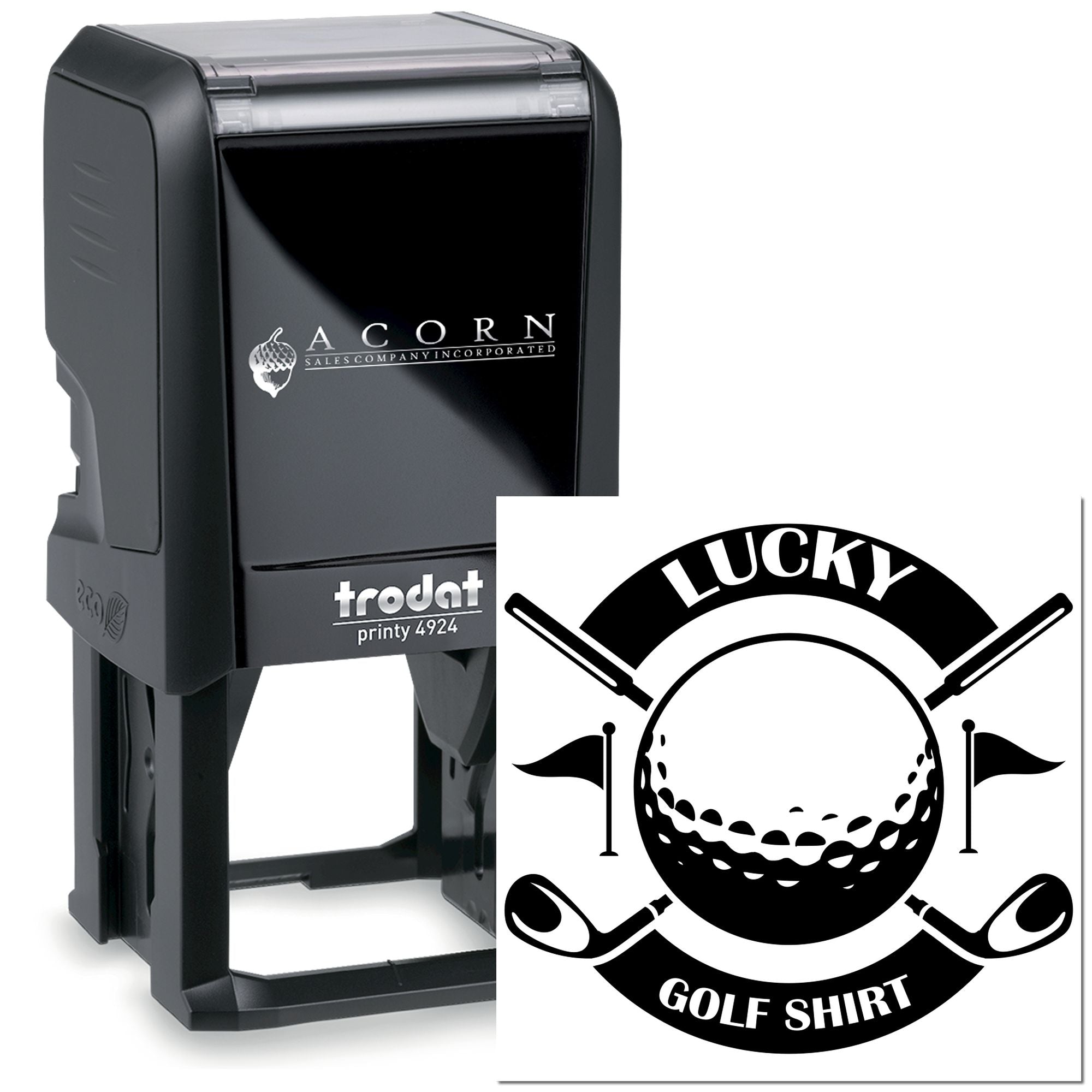 Custom self-inking rubber stamp for golf shirts, featuring a lucky golf ball and clubs design, Trodat Printy 4924.