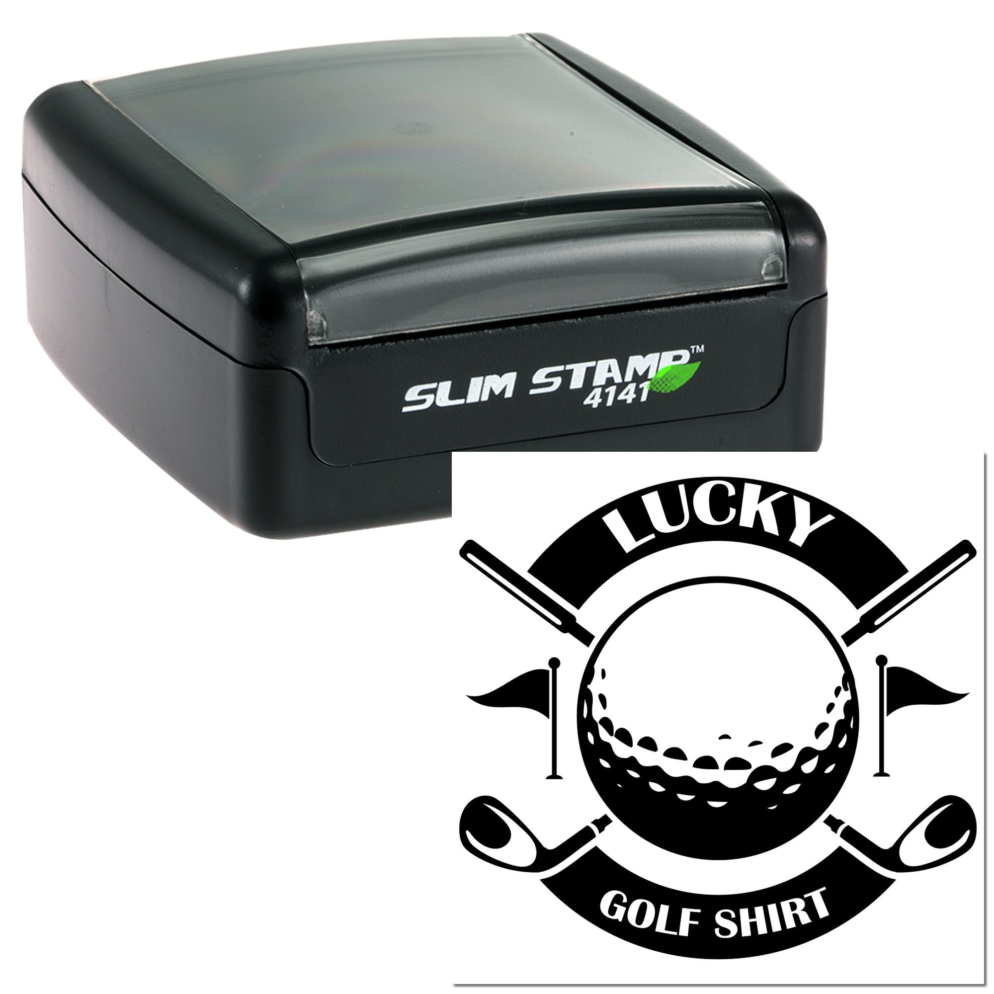 Self-inking rubber stamp with Lucky Golf Shirt imprint for custom golf apparel branding.