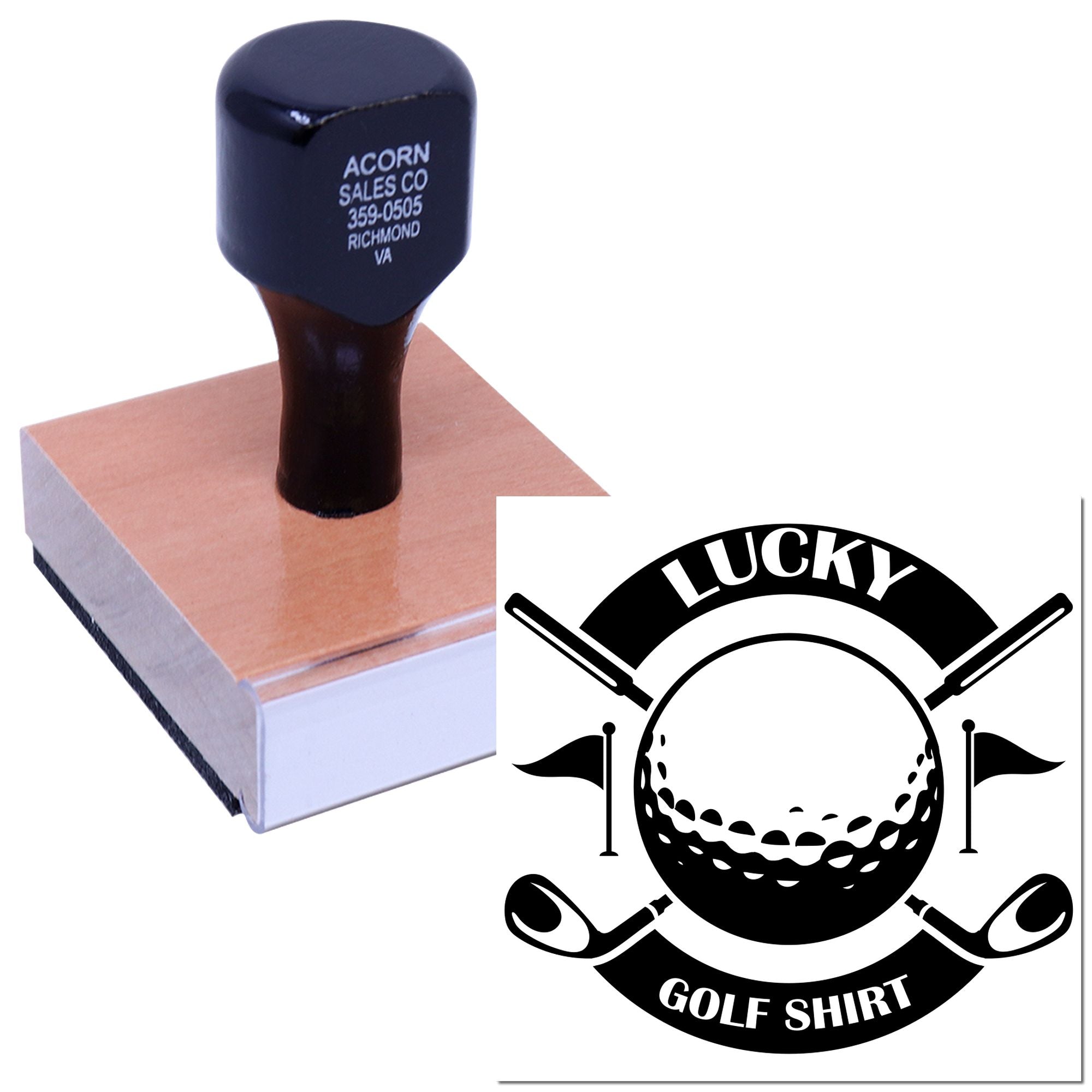 Custom rubber stamp for Lucky Golf Shirt logo, featuring golf ball and clubs for branding apparel and promotional items.