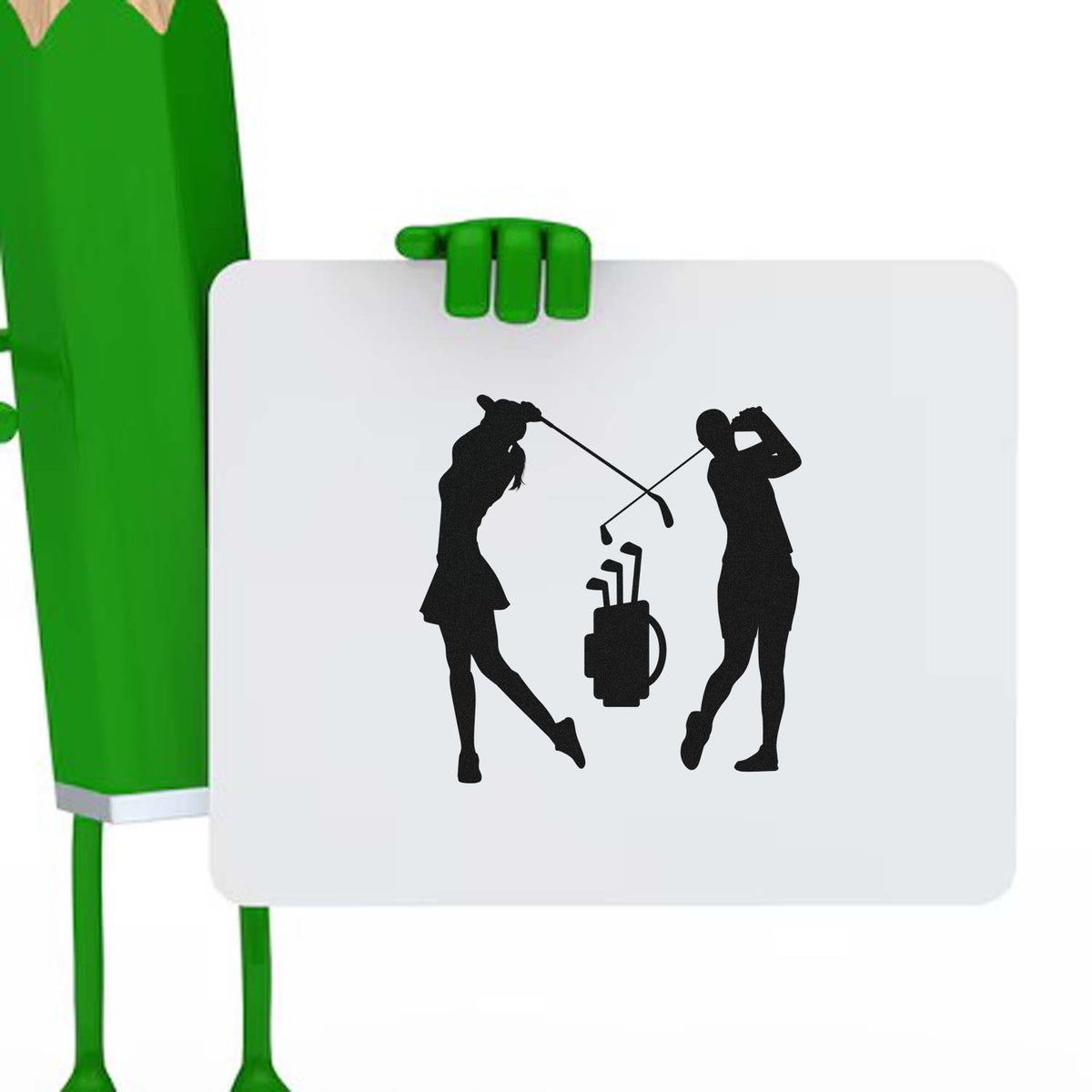 Golfers silhouette rubber stamp design with two players swinging clubs over a golf bag