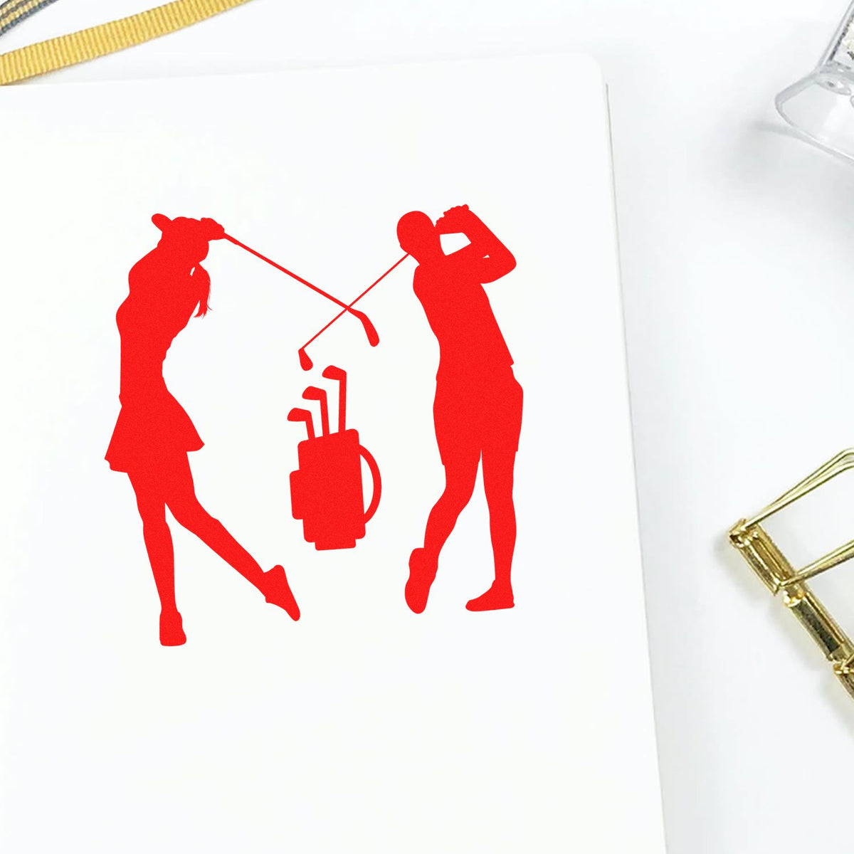 Red golf couple silhouette rubber stamp design with golf bag and clubs for custom stationery and sports-themed crafts