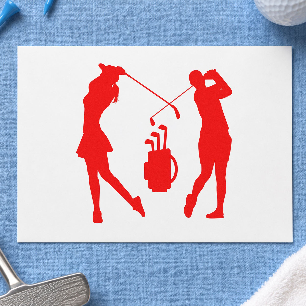 Two Golfers And Bag rubber stamp shown in red ink, stamped for projects such as bin pair labels.