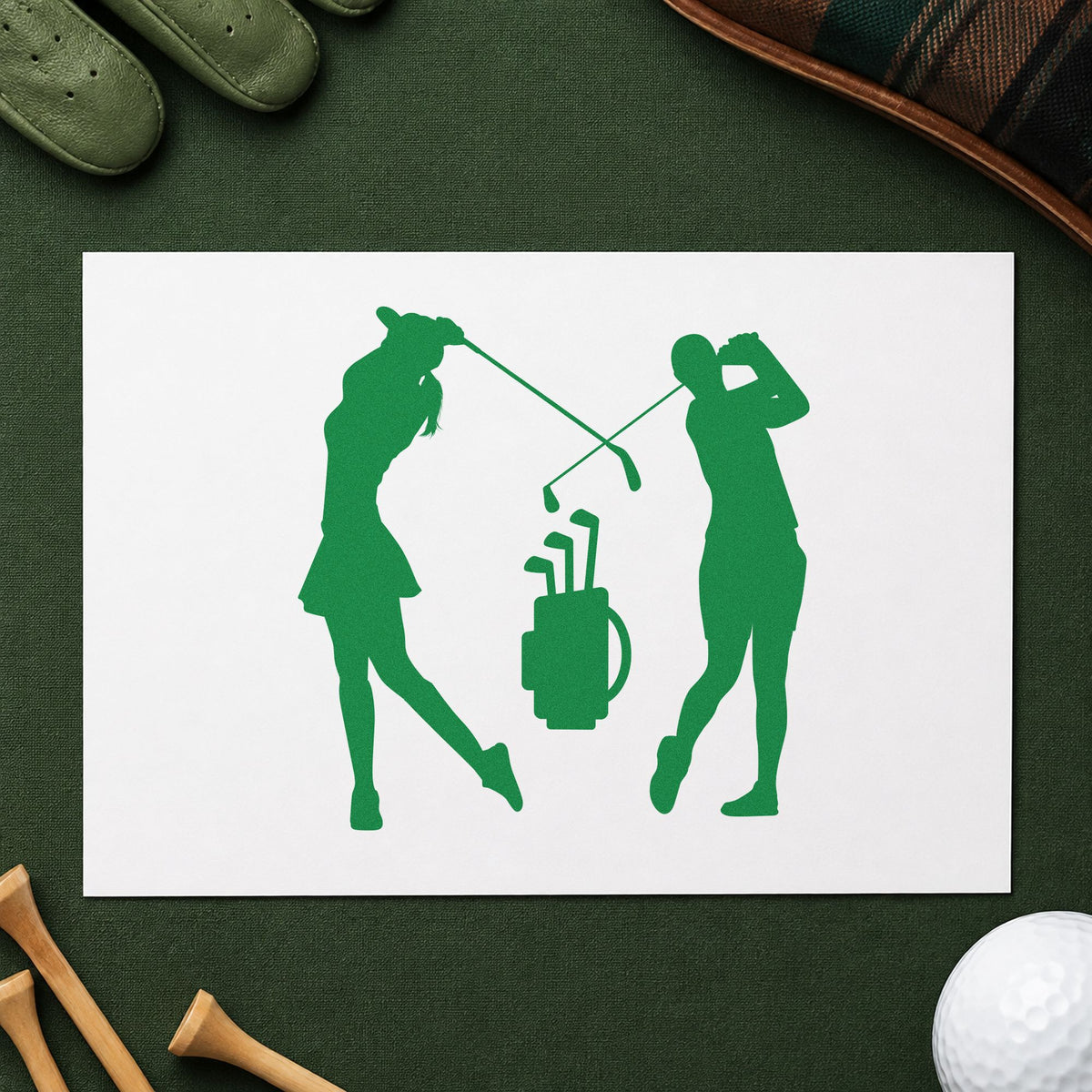 Two Golfers And Bag craft stamp imprint in green ink on a handmade project, one idea being team plan cards.