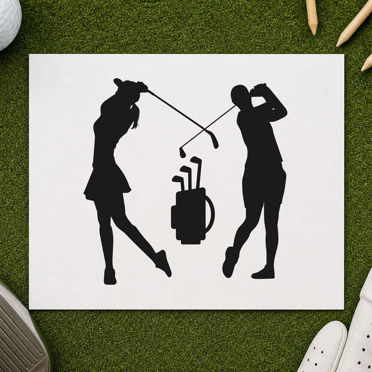 Two Golfers And Bag rubber stamp printed in black ink, ready for two golfer cards and similar paper crafts.