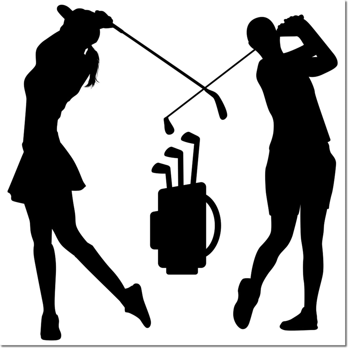 Golf couple silhouette rubber stamp design with female and male golfers and golf bag, perfect for custom golf-themed stamps.