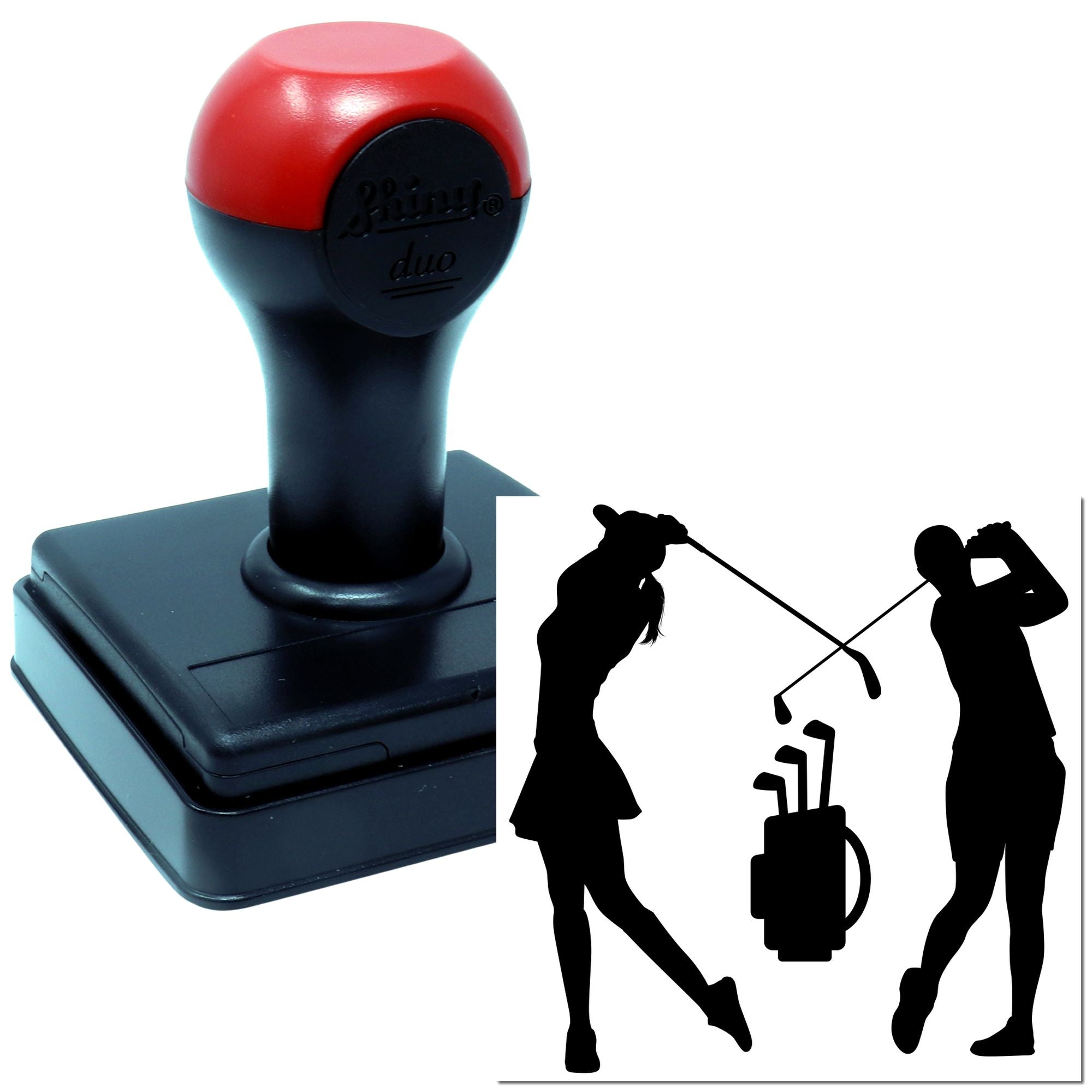 Self-inking golf rubber stamp with custom golfer silhouette design for personalized sports branding.