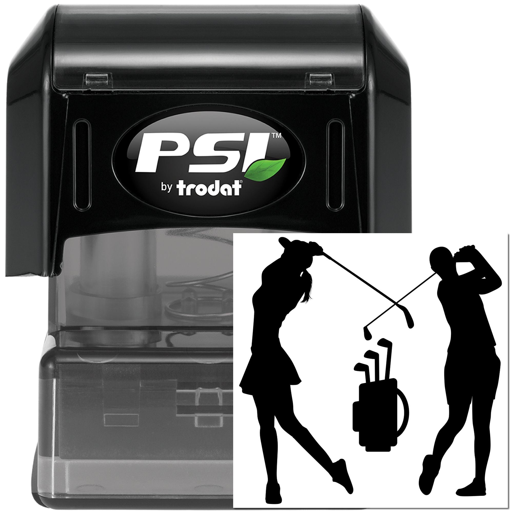 PSI by Trodat self-inking rubber stamp with custom golf silhouette design for personalized stamping.