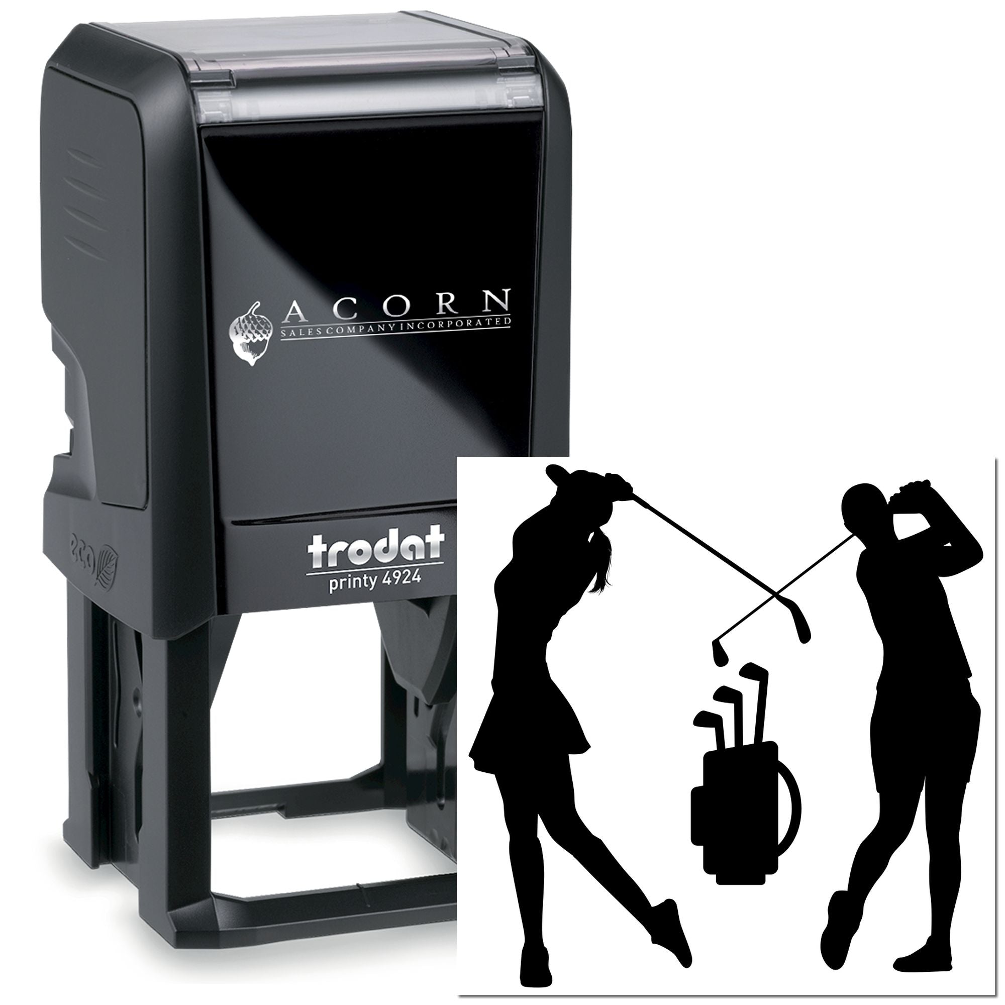 Custom self-inking rubber stamp with golfer silhouette, Trodat Printy 4924, for branded business logo stamping.