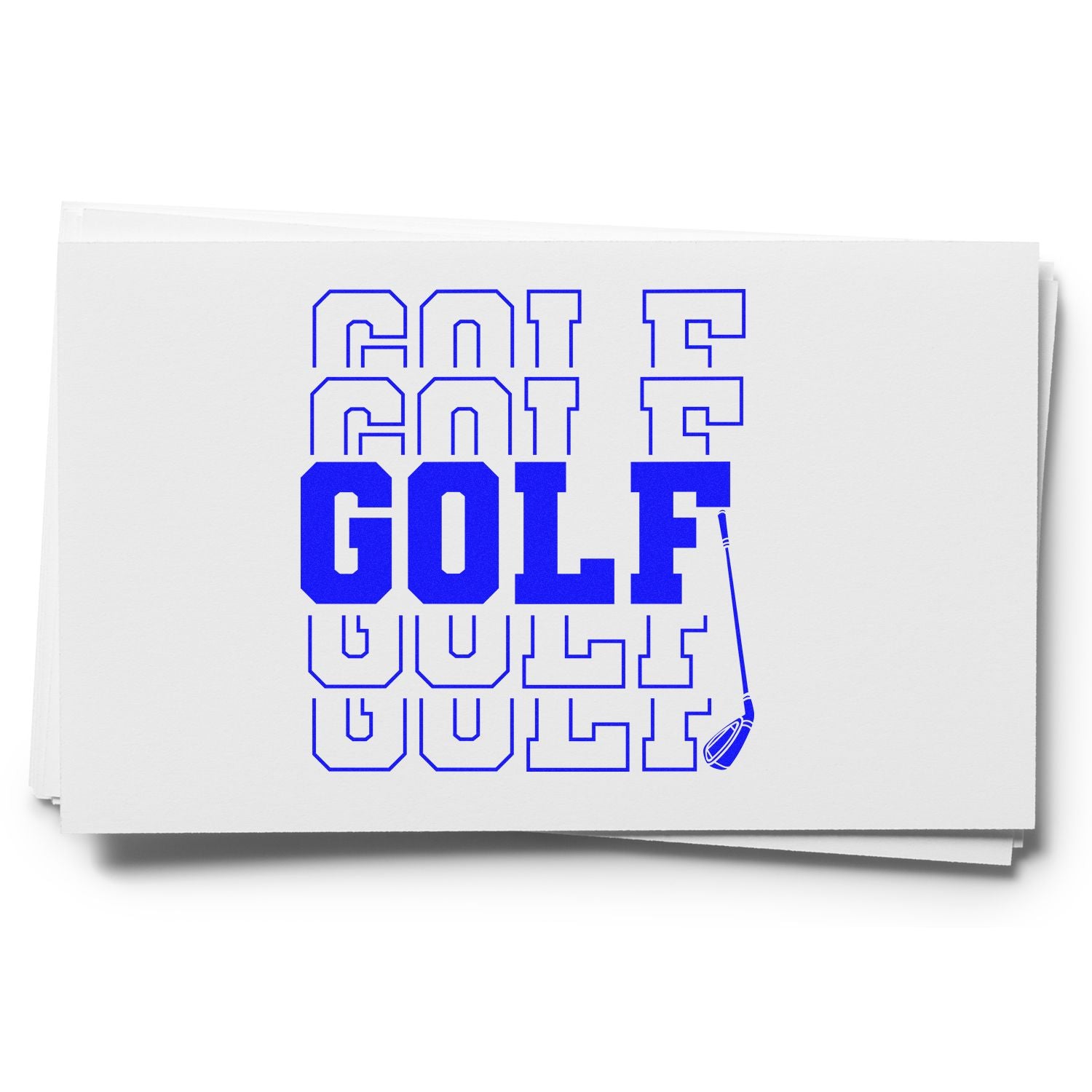 Golf-themed rubber stamp design featuring stacked GOLF text and a golf club icon in blue.