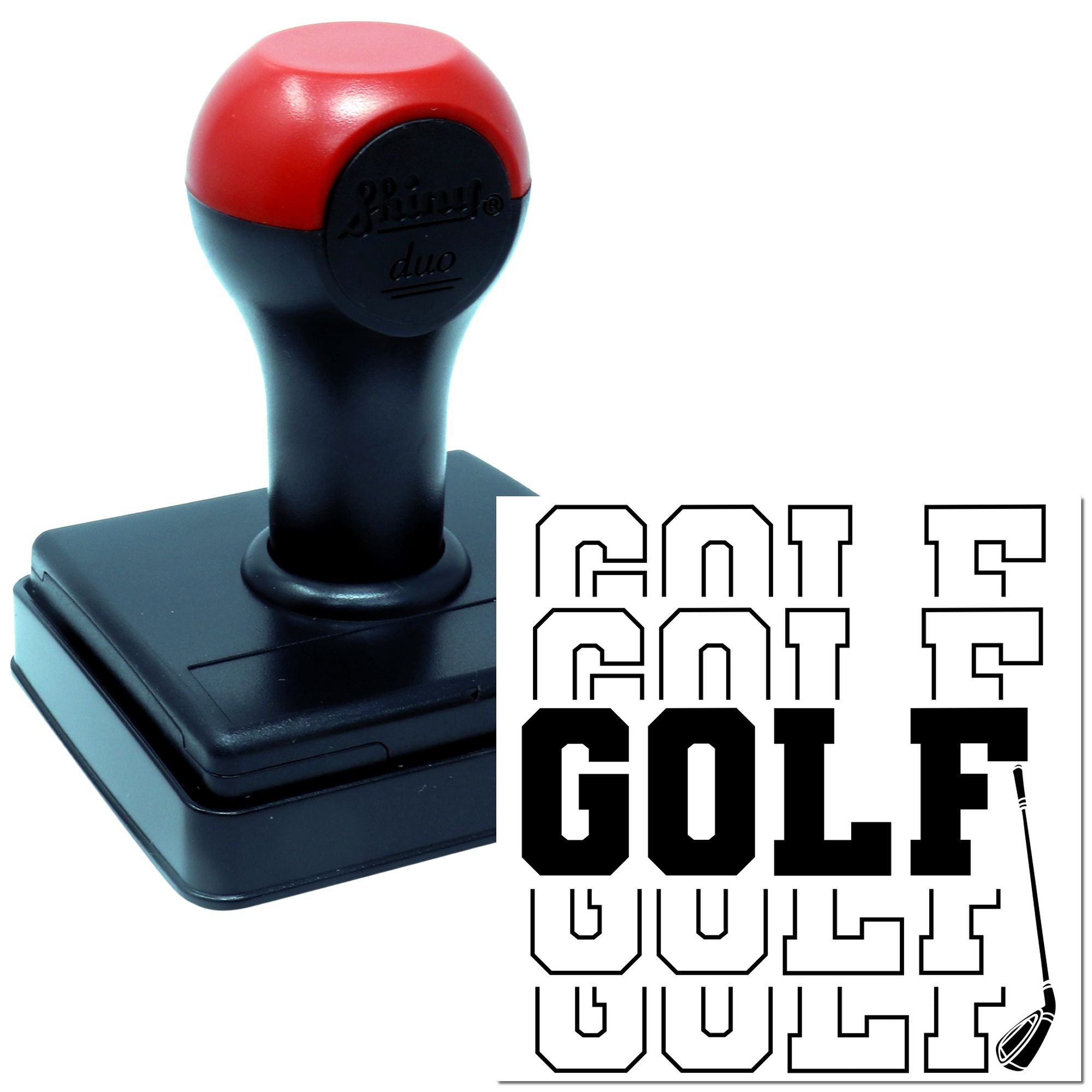 Custom self-inking golf rubber stamp with club icon for golf clubs, apparel, events, and branded packaging.