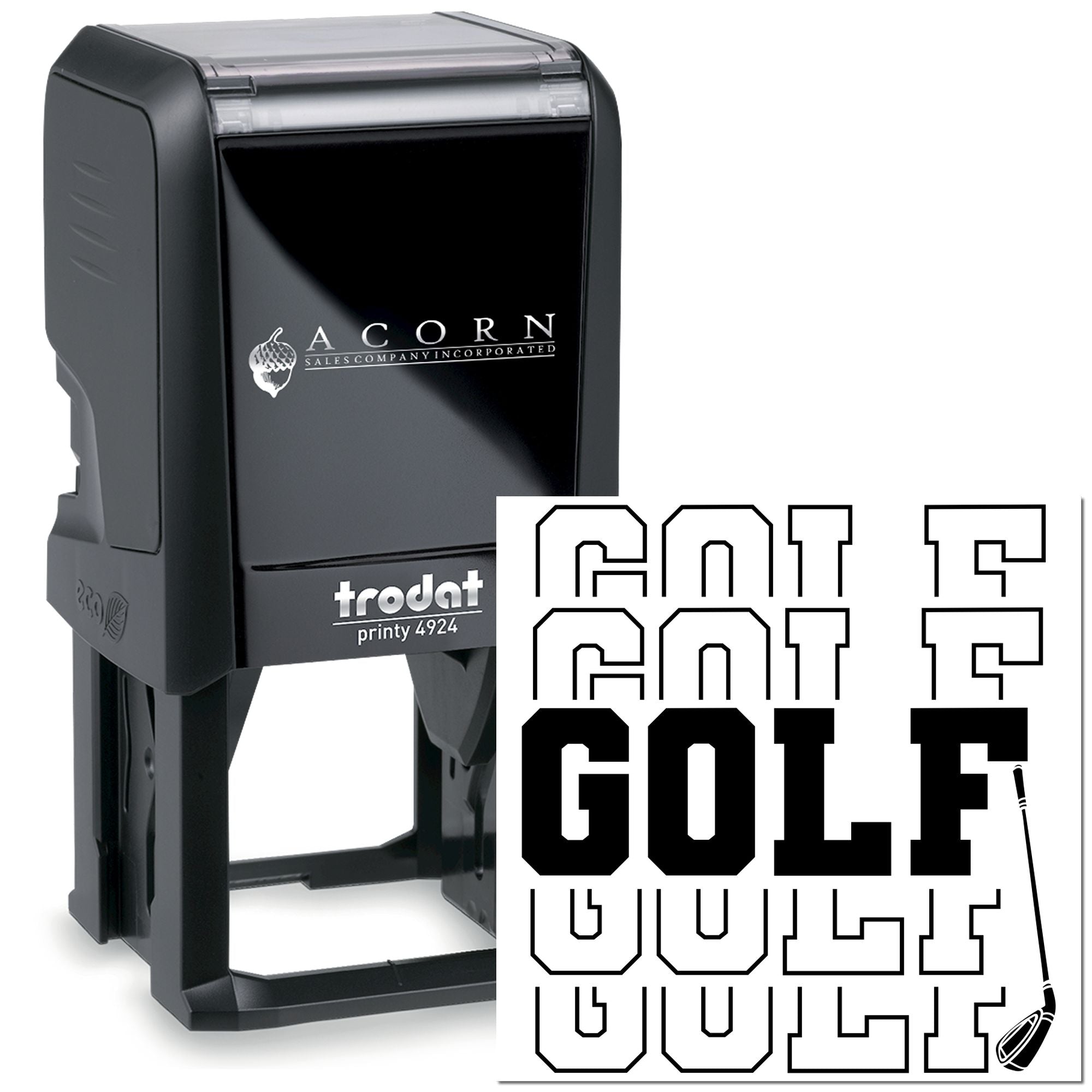 Trodat Printy 4924 self-inking rubber stamp with custom golf logo, ideal for personalized business and sports branding.