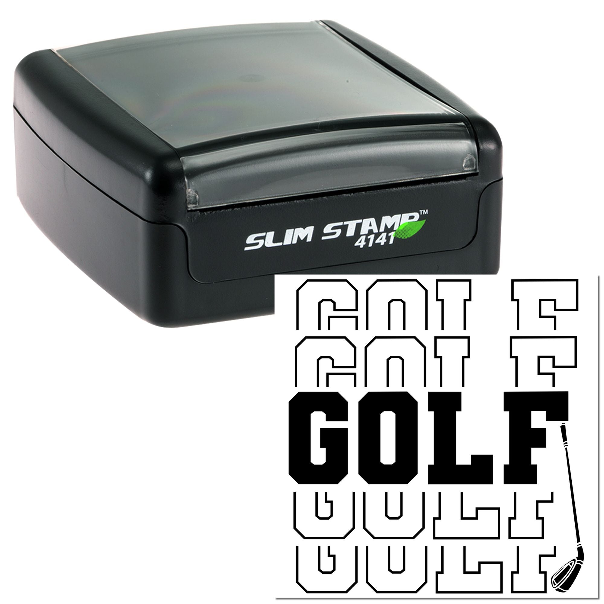 Slim self-inking golf rubber stamp with custom GOLF imprint and golf club icon for personalized sports branding.