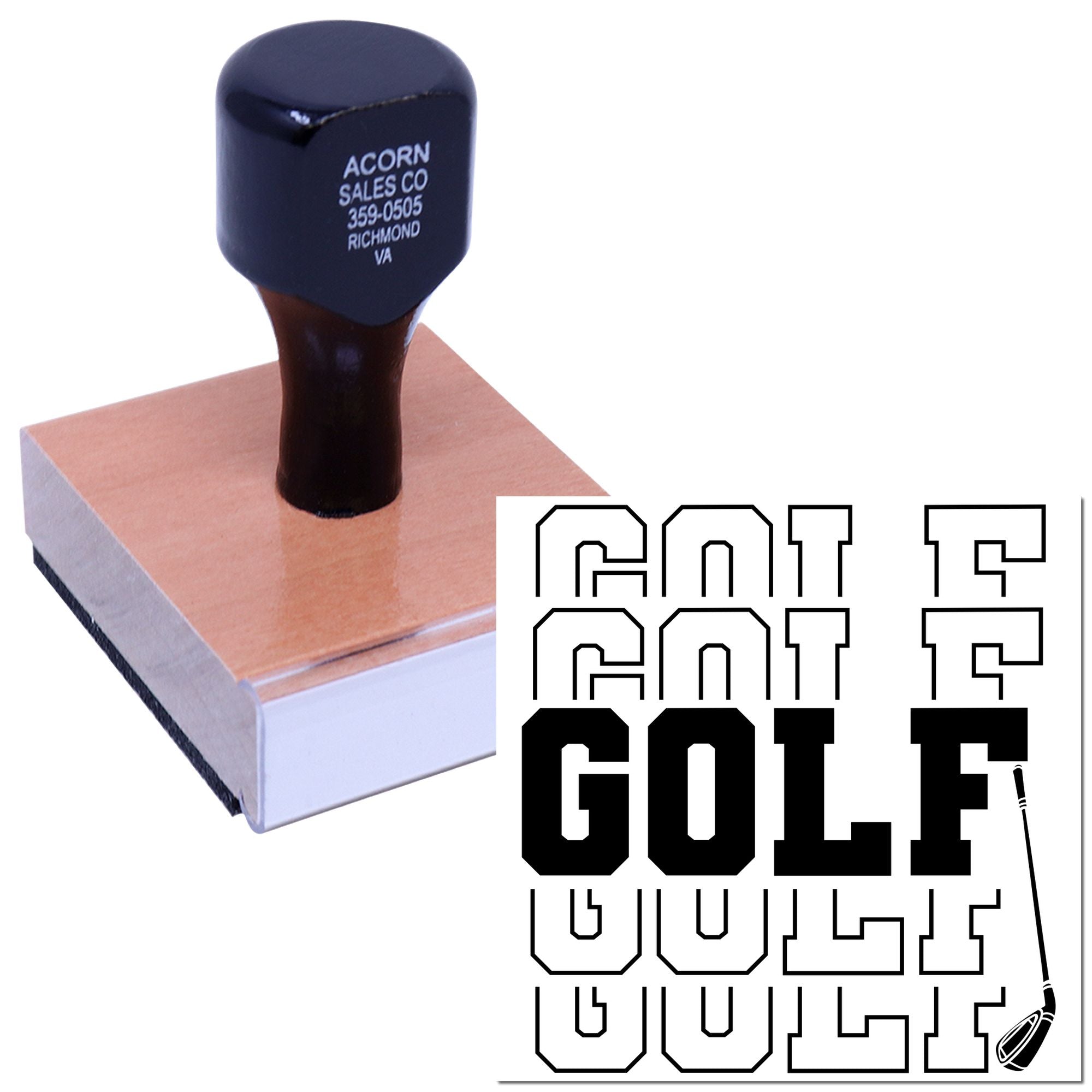 Custom golf rubber stamp with golfer graphic and bold GOLF design for personalized sports branding and stationery.