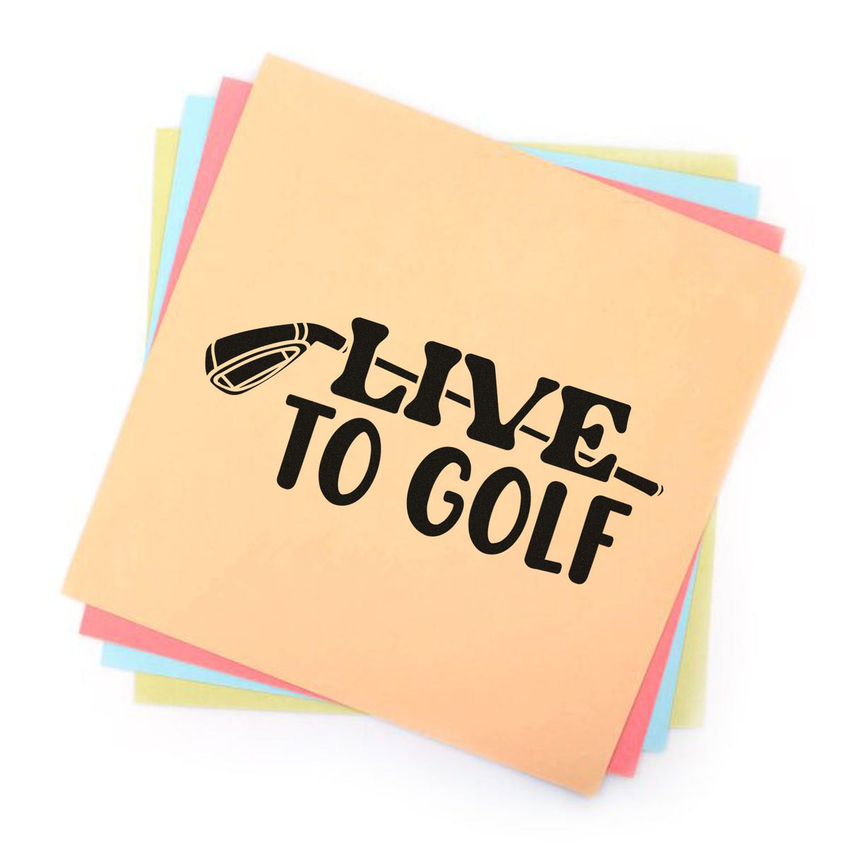 Live to Golf rubber stamp design on colorful sticky notes, perfect for golf-themed crafts, scrapbooking, and card making.