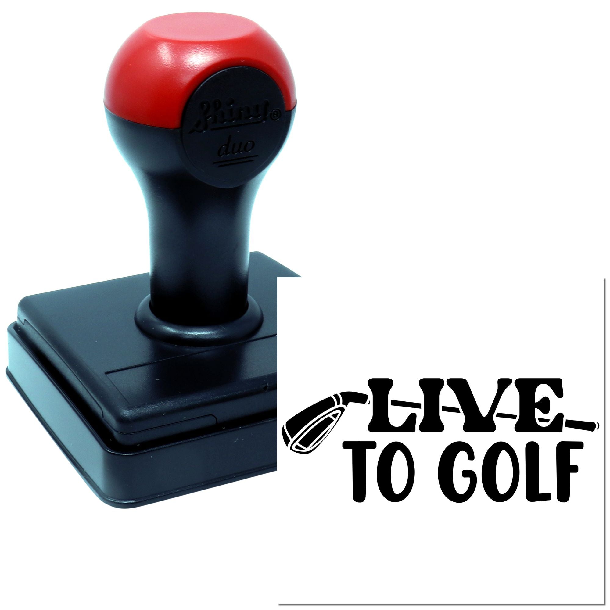Self-inking rubber stamp with Live to Golf and golf club icon, ideal for golf-themed crafts, branding, or business use.