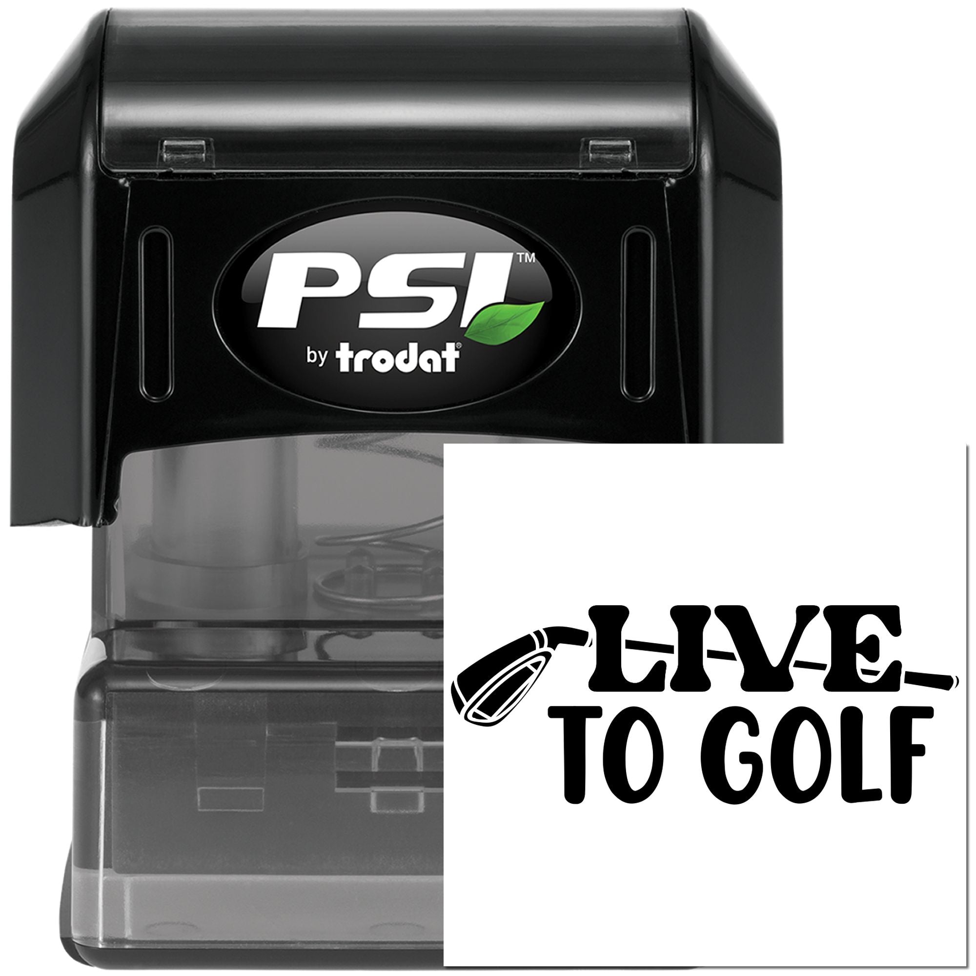 PSI by Trodat self-inking rubber stamp with Live to Golf golf logo for custom golf-themed stamping.