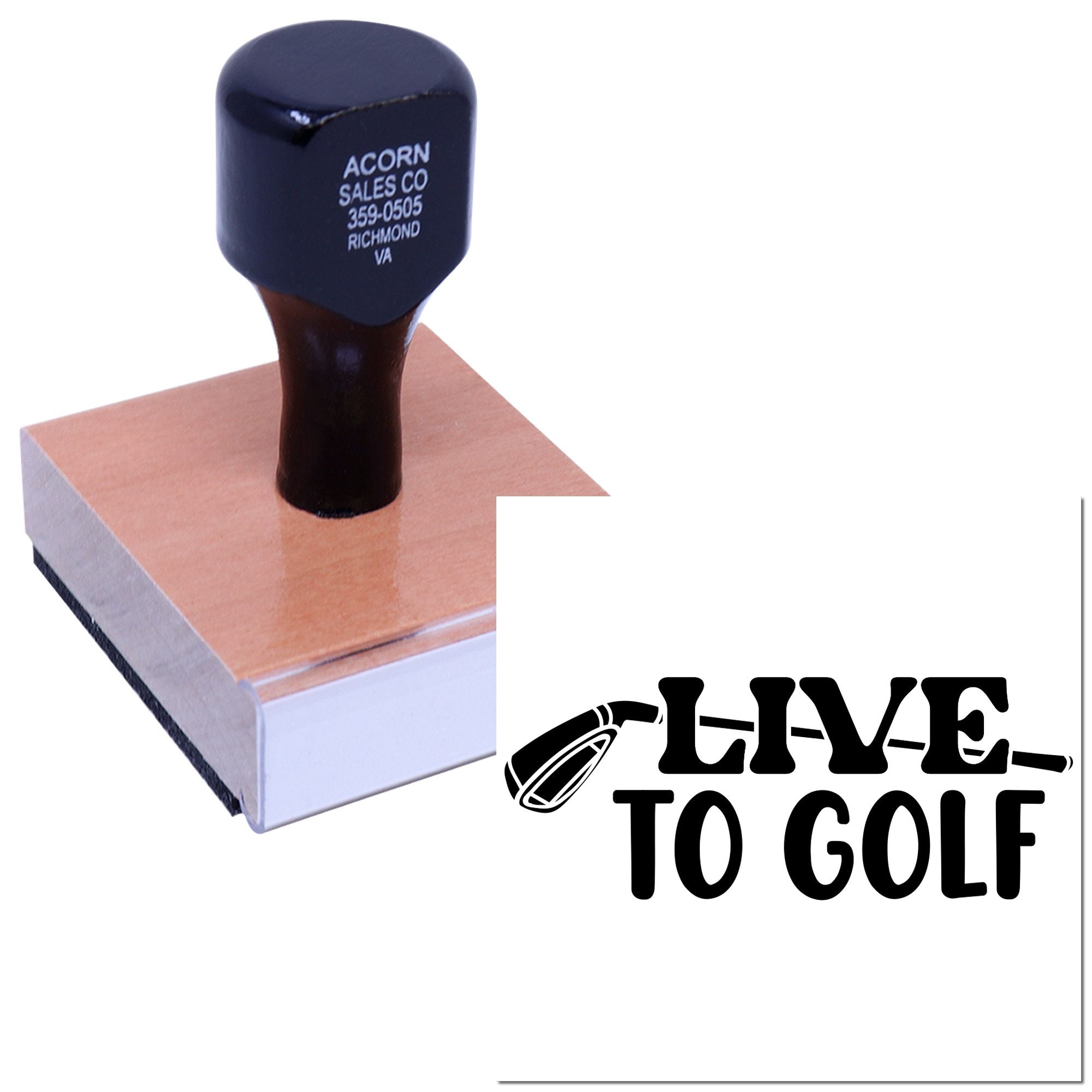Custom rubber stamp with Live to Golf design for golf promotions, branding, and personalized business stamping.
