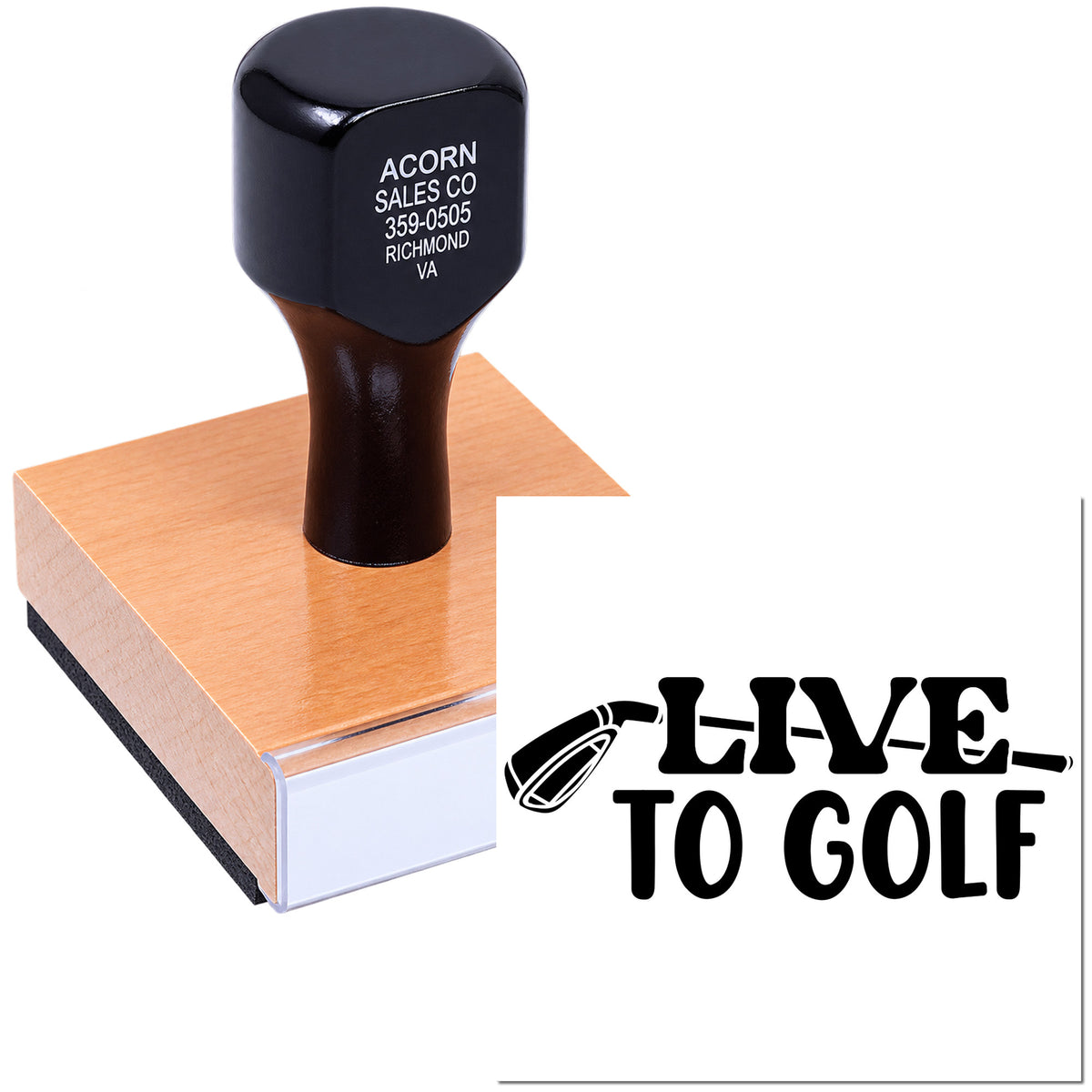 Custom rubber stamp with Live to Golf design for golf promotions, branding, and personalized business stamping.