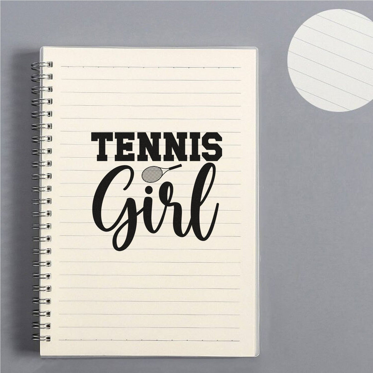 Tennis Girl custom rubber stamp design on lined notebook, featuring a tennis racket icon for sports-themed stationery.