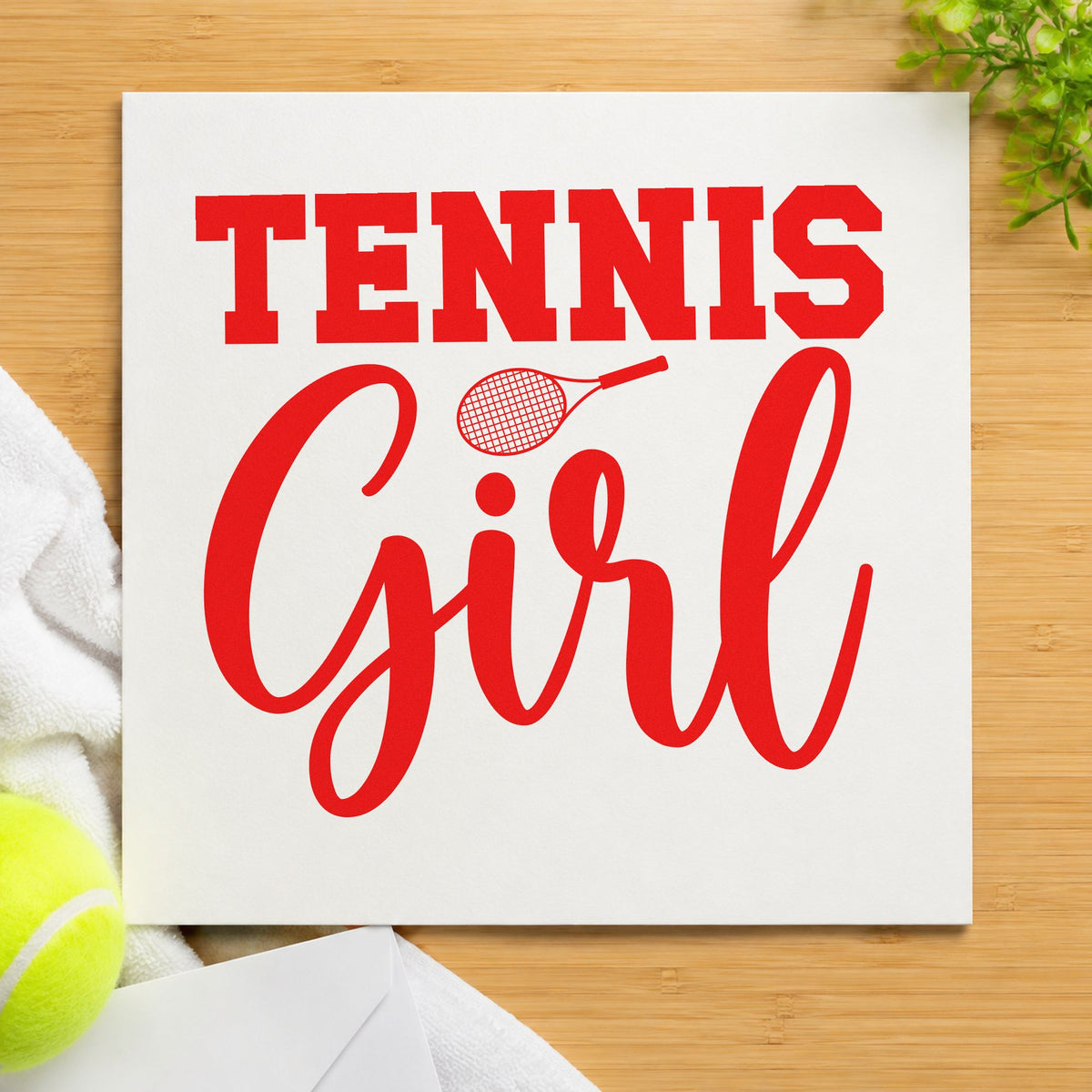 Tennis Girl Racket Lettering rubber stamp shown in red ink, stamped for projects such as bin ball labels.