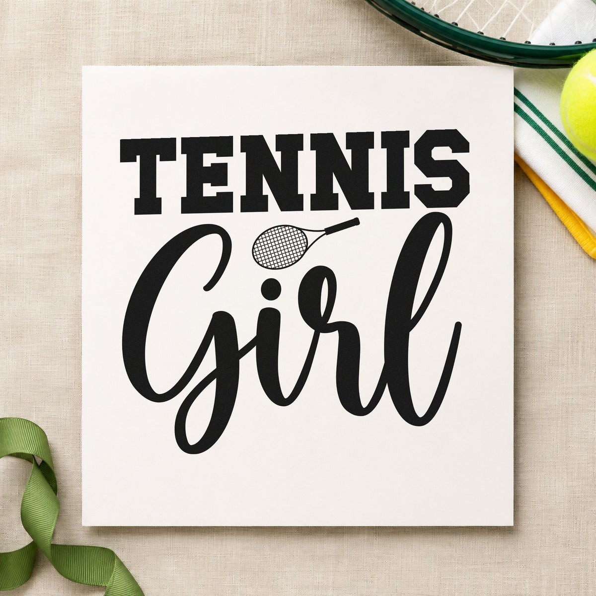 Tennis Girl Racket Lettering rubber stamp printed in black ink, ready for small racket cards and similar paper crafts.