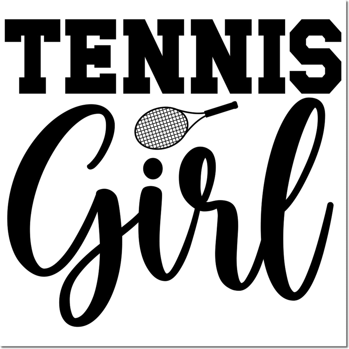 Tennis Girl rubber stamp design with bold lettering and tennis racquet graphic for sports-themed stamping