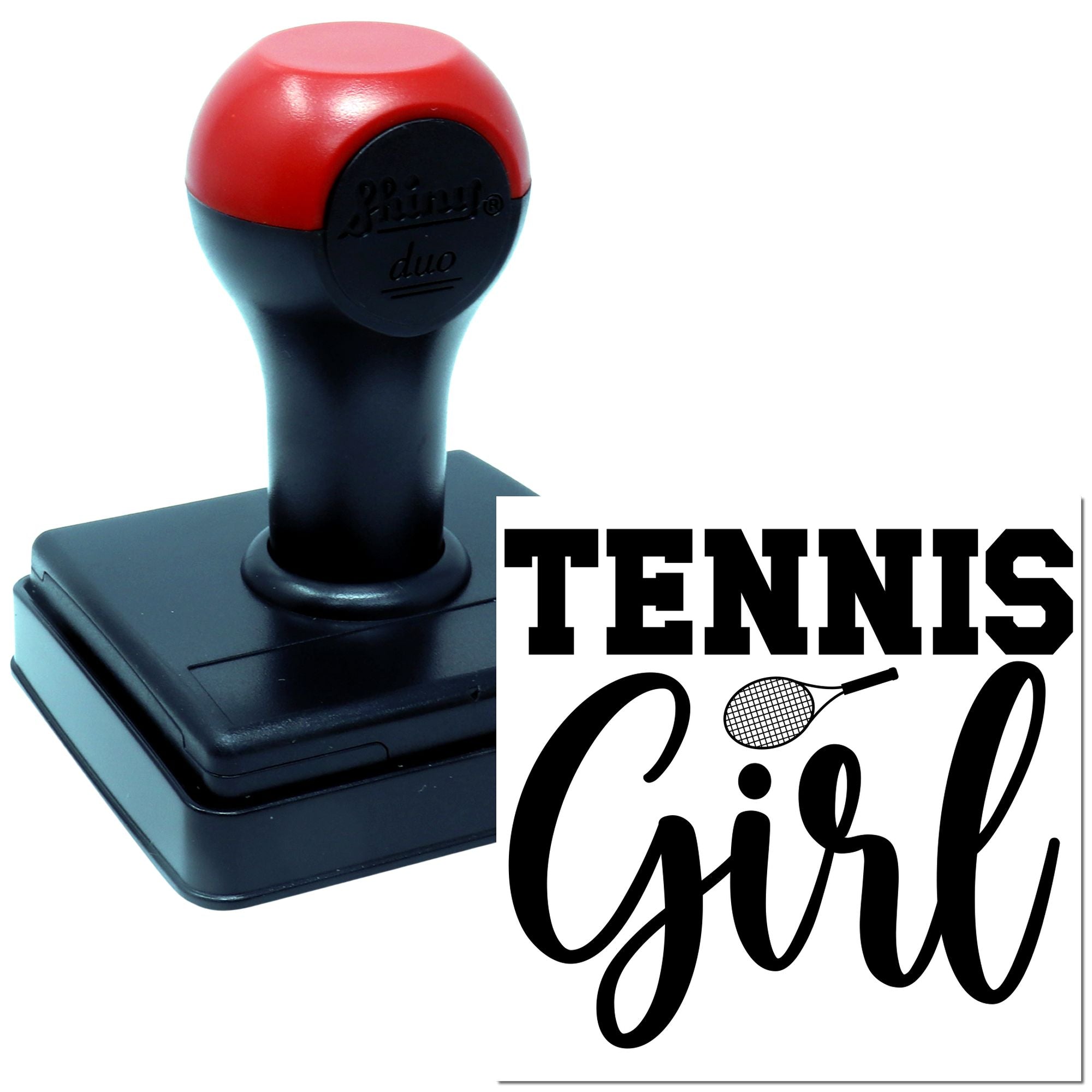Tennis Girl rubber stamp with tennis racket graphic for sports-themed crafts, cards, and event branding.