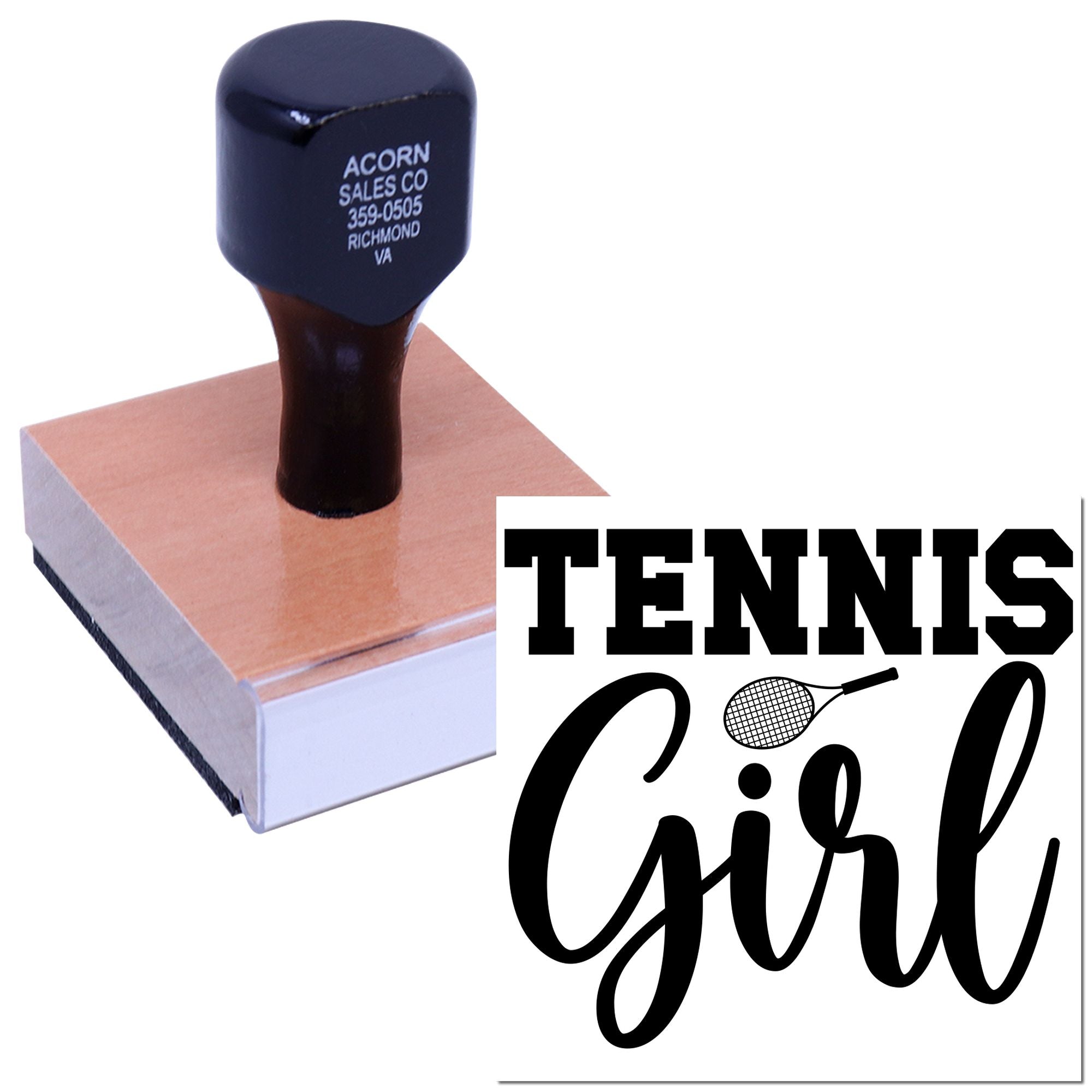 Custom tennis girl rubber stamp on wood base for sports crafts, stationery, and personalized tennis-themed projects.