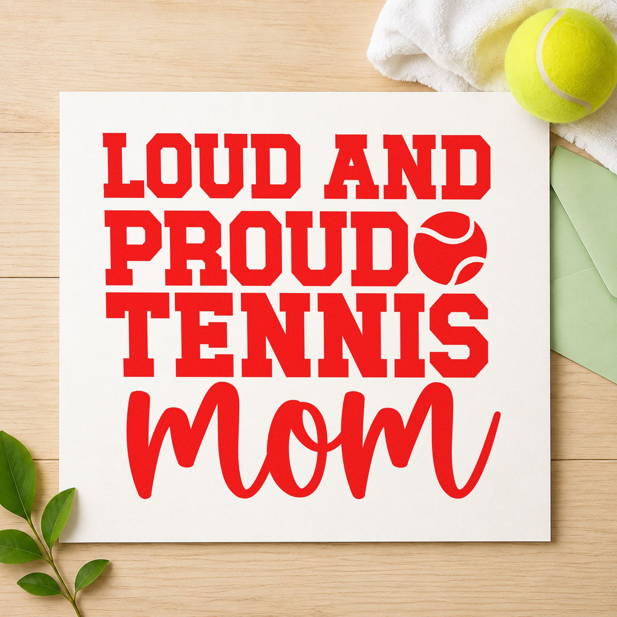 Loud Proud Tennis Mom craft stamp imprint in red ink on a handmade project, one idea being draw info cards.