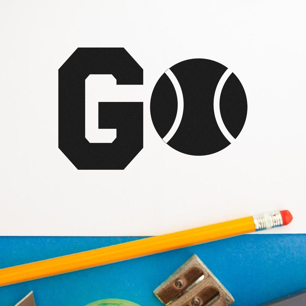 GO rubber stamp design with tennis ball lettering, ideal for sports-themed school, coaching, and motivational crafts.