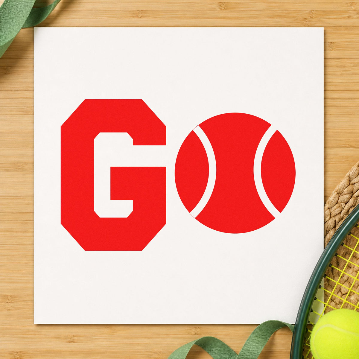 Go Tennis Ball Letter rubber stamp shown in red ink, stamped for projects such as rack racket labels.