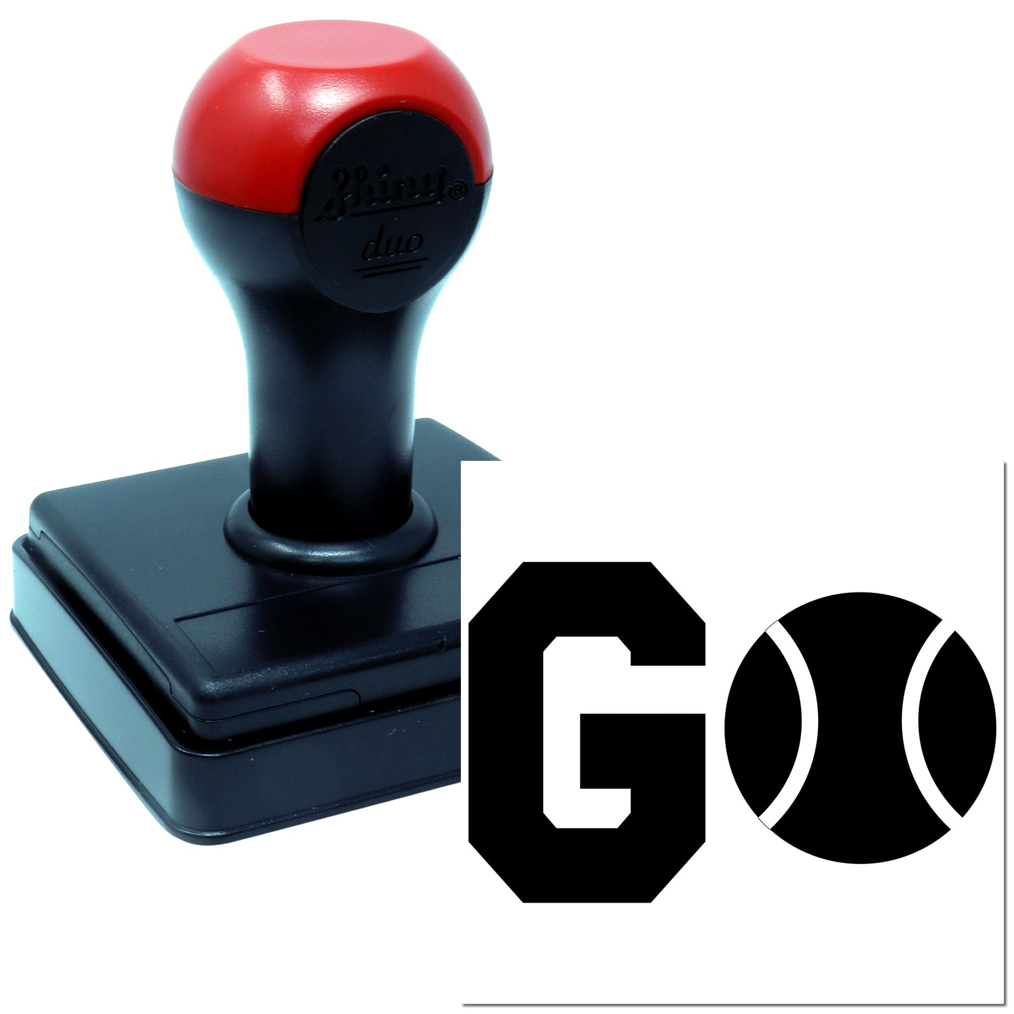 Custom self-inking rubber stamp with GO logo imprint for business branding and office documents.