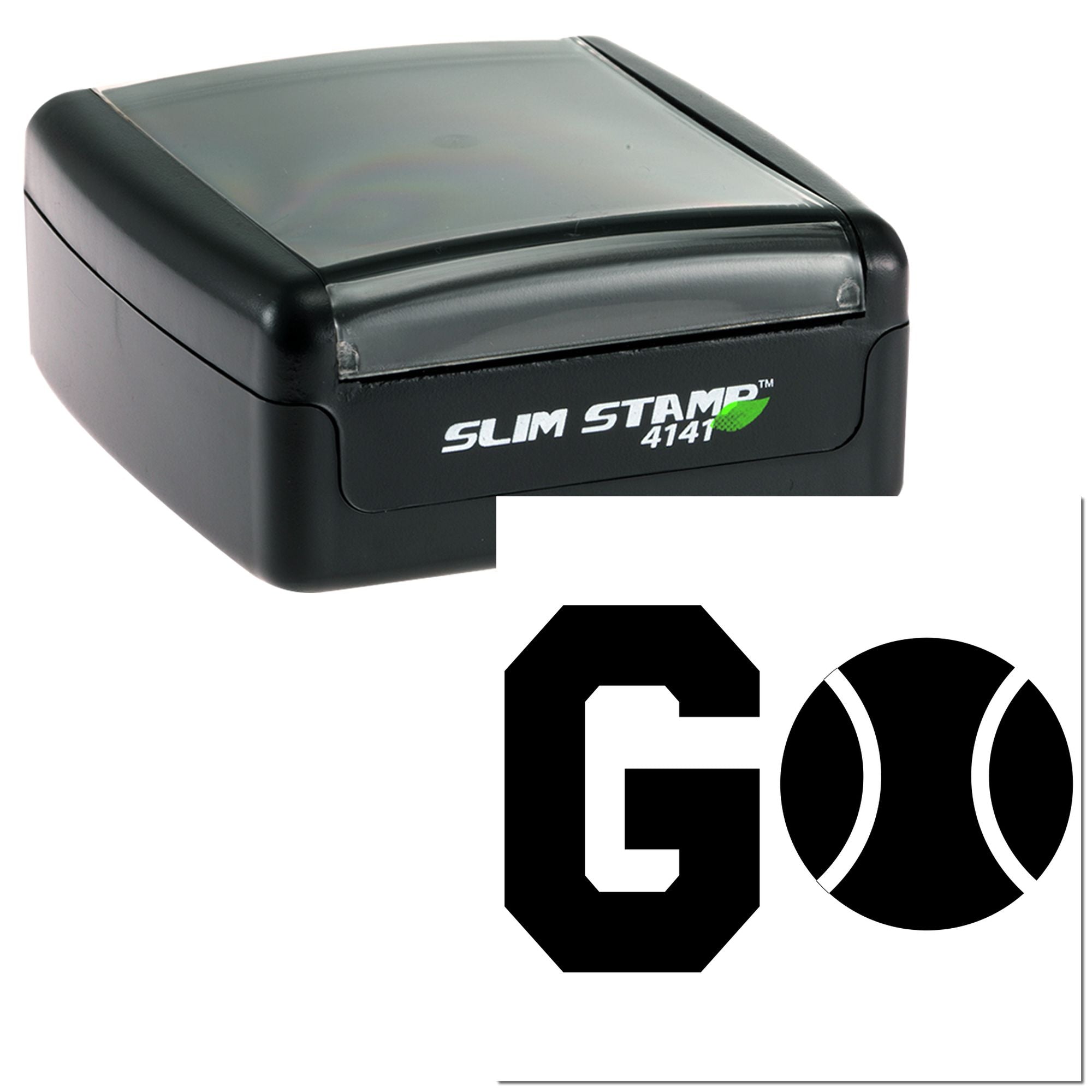 Slim Stamp 4141 self-inking rubber stamp with custom GO logo imprint for business branding.
