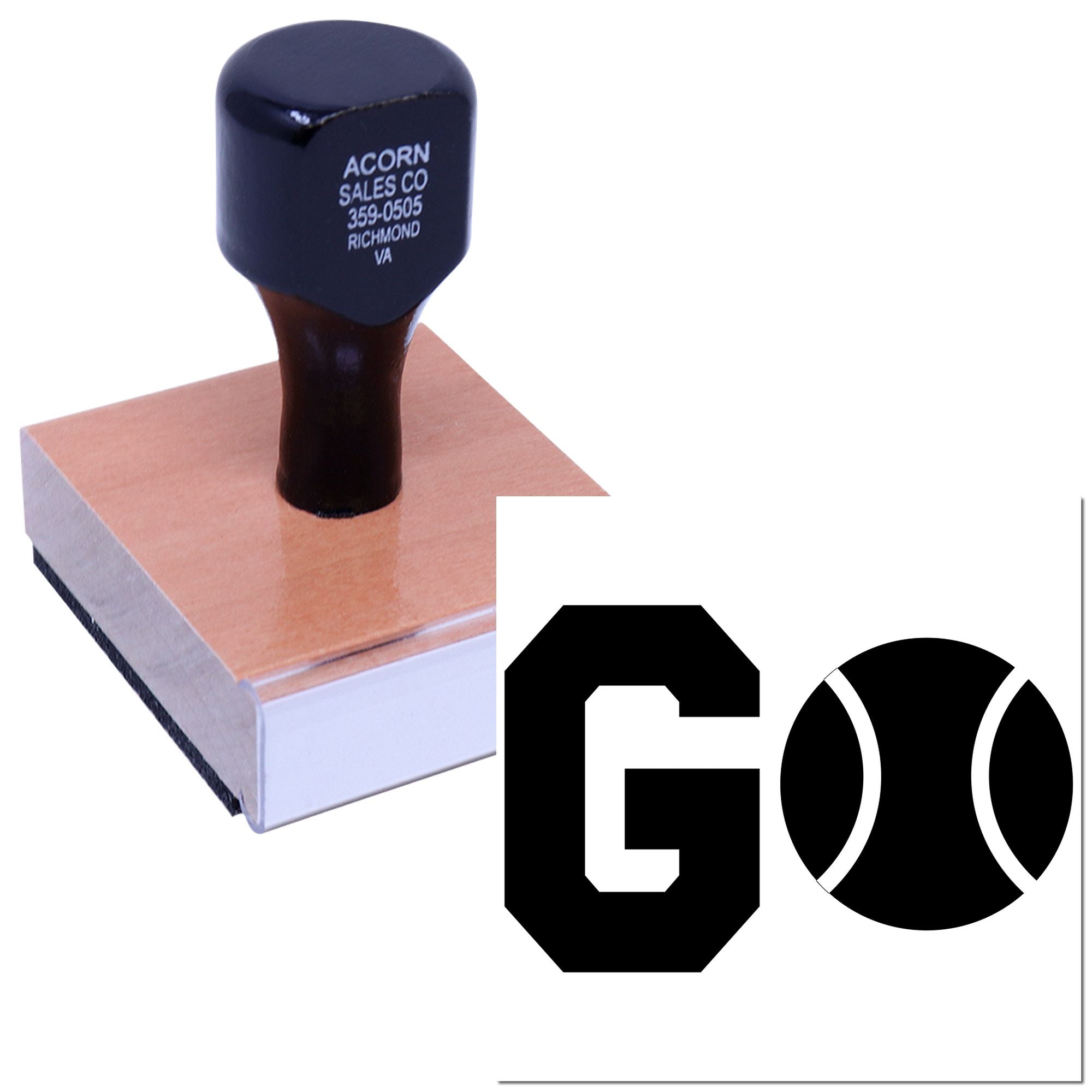 Custom rubber stamp with handle on wood block for business branding, featuring a bold G and tennis ball logo design.