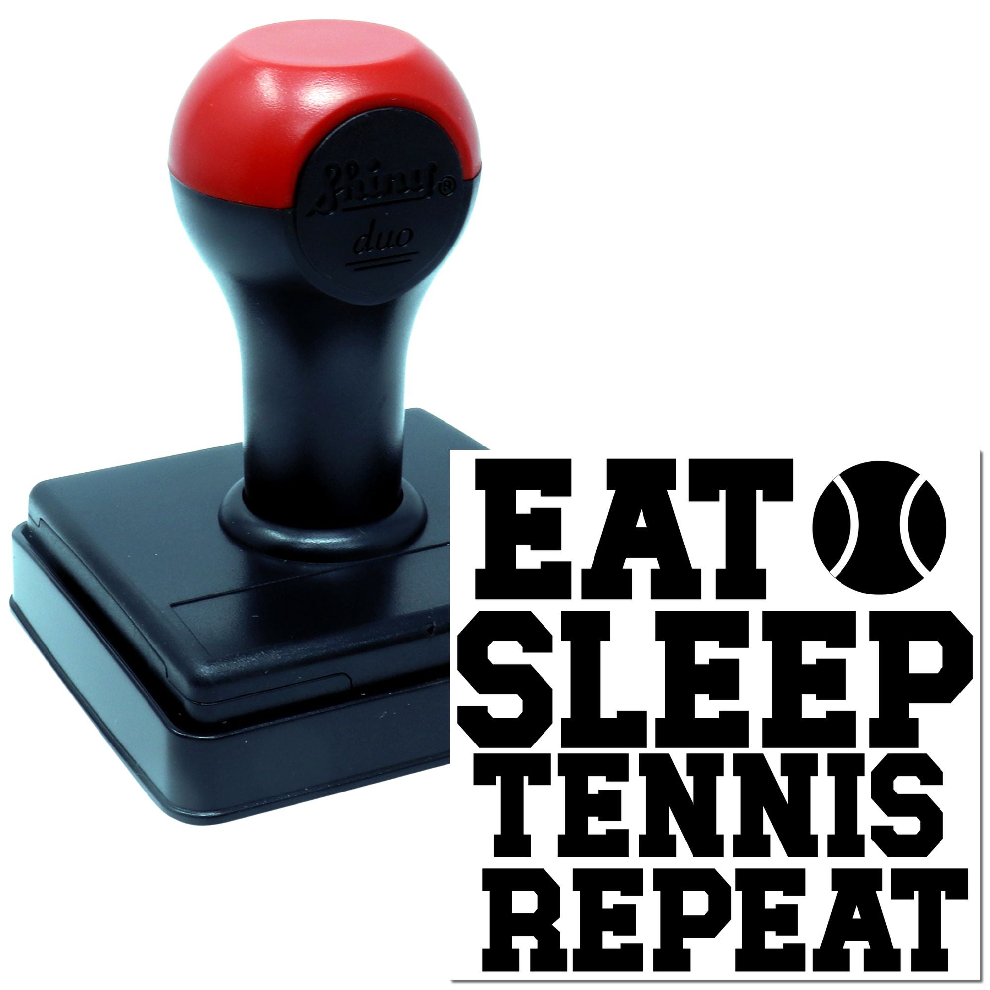 Custom self-inking tennis rubber stamp with Eat Sleep Tennis Repeat design for sports teams, fans, and event branding.