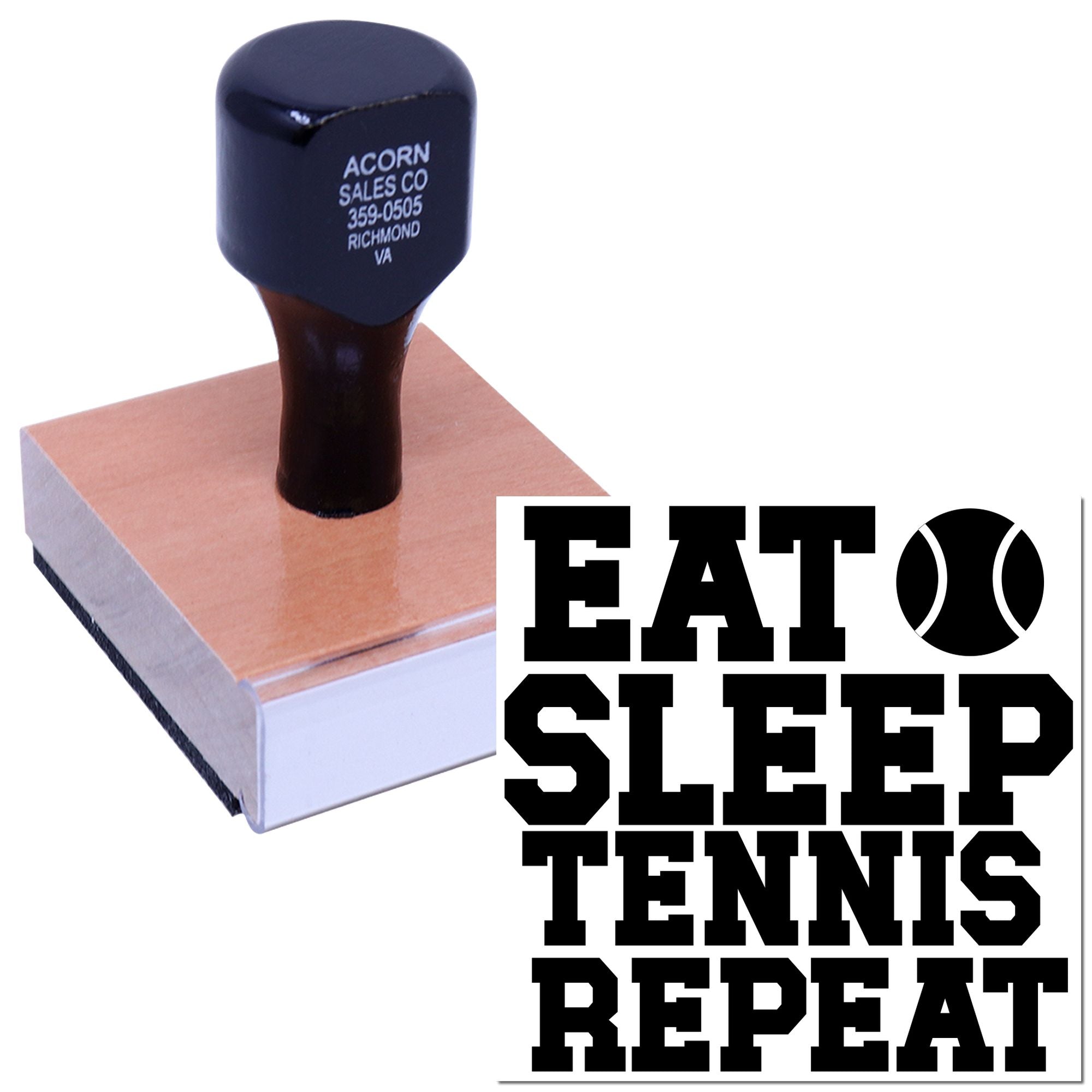 Custom self-inking rubber stamp with Eat Sleep Tennis Repeat design for tennis clubs, coaches, and fans.
