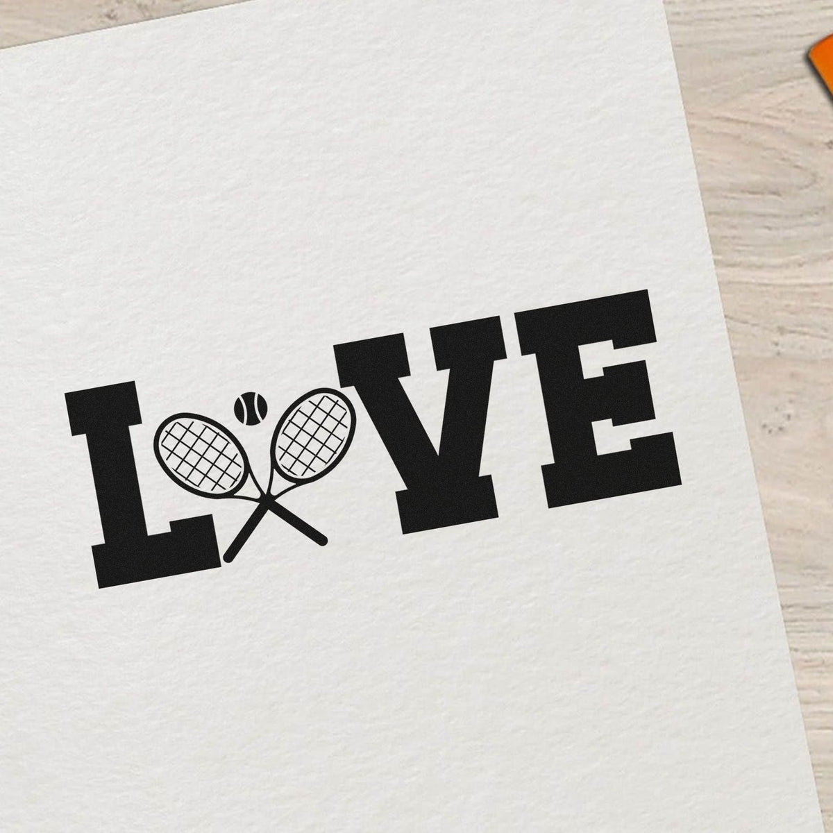 Tennis love rubber stamp design with crossed rackets, ideal for sports-themed cards, stationery, and custom stamping.