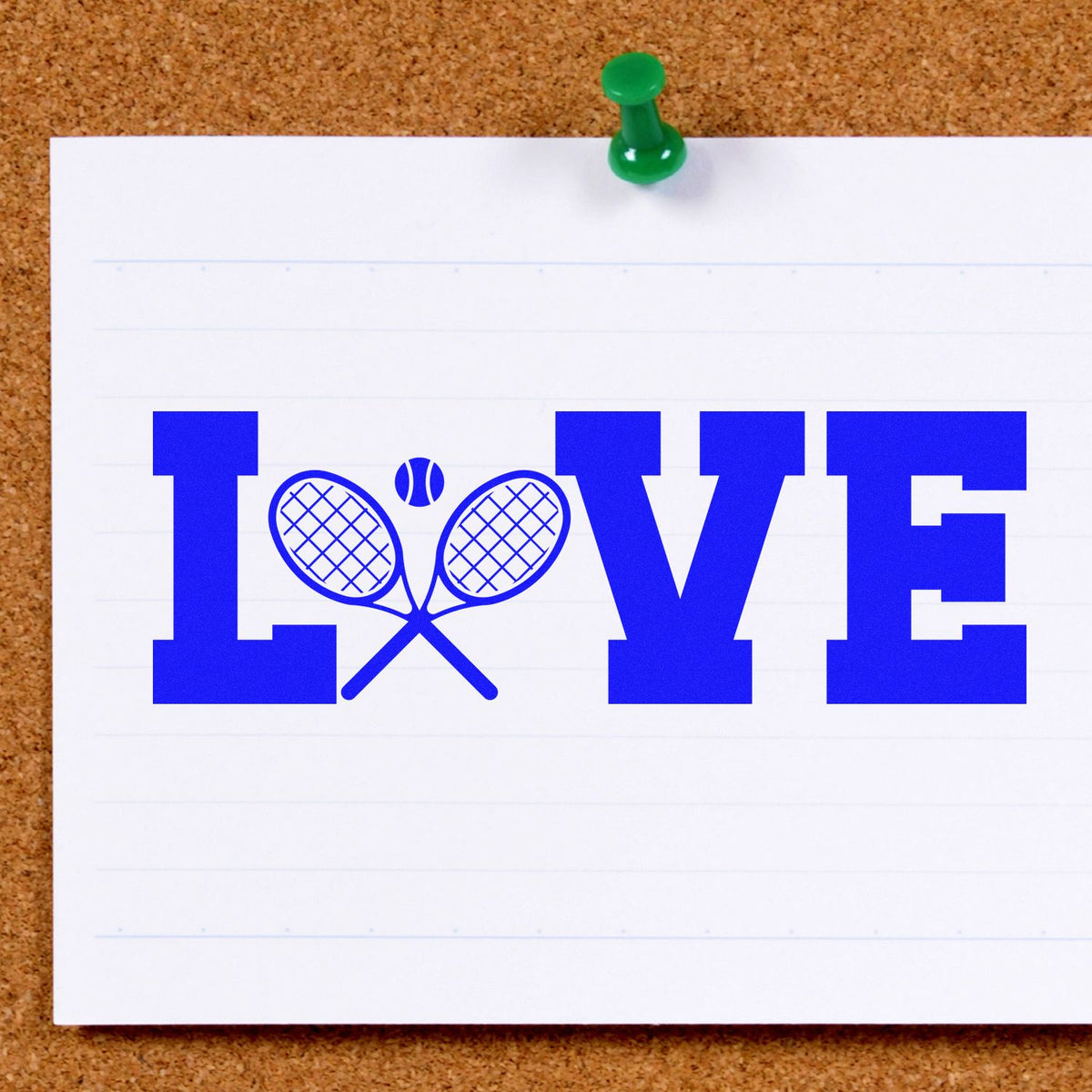 Tennis love rubber stamp design with blue LOVE lettering and crossed rackets, ideal for sports-themed cards and crafts.