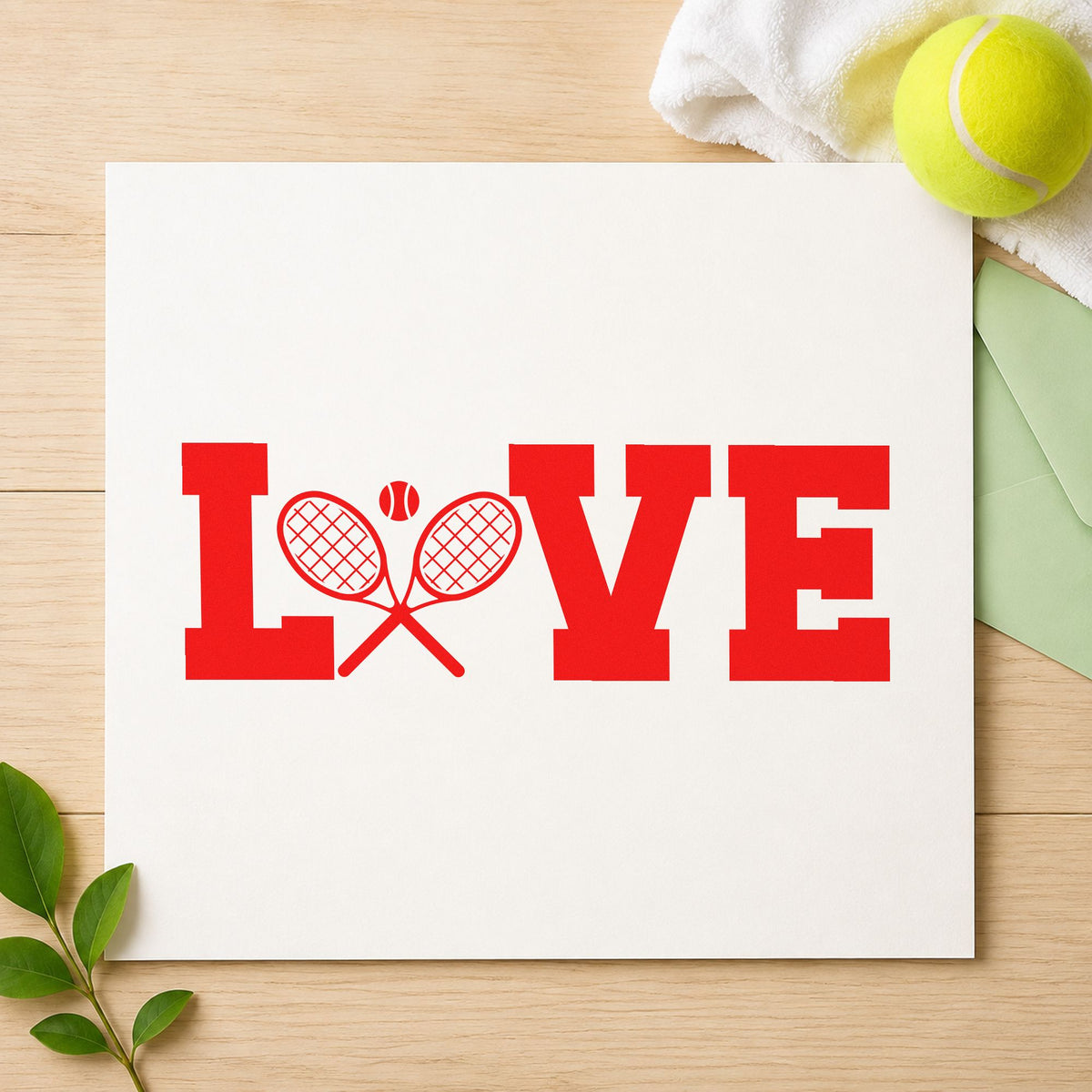 Love Crossed Tennis Rackets craft stamp imprint in red ink on a handmade project, one idea being pair match cards.