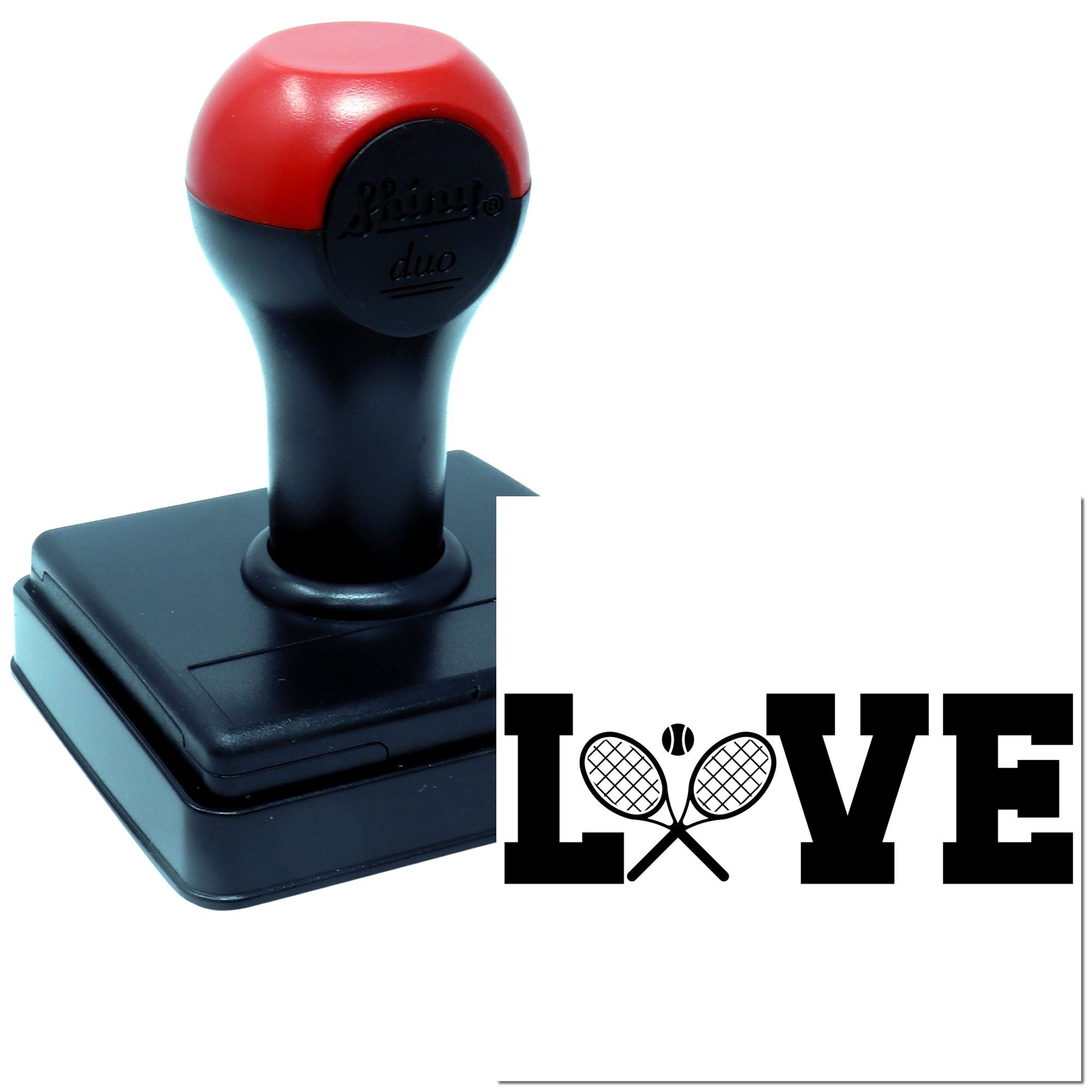 Self-inking rubber stamp with custom tennis LOVE design for sports-themed cards and crafts