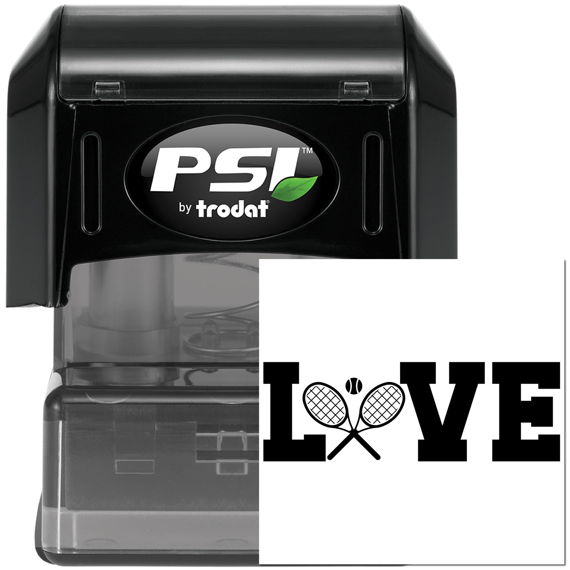PSI by Trodat self-inking rubber stamp with LOVE tennis racket design for sports clubs, gifts, and personalized stationery