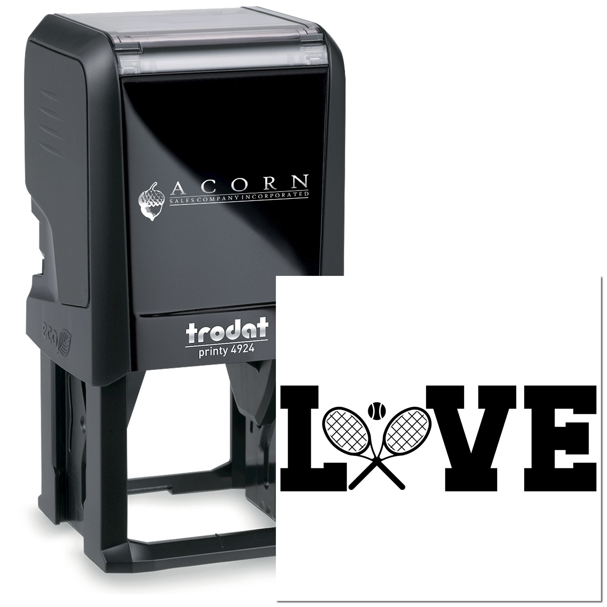 Custom Trodat Printy 4924 self-inking rubber stamp featuring a tennis LOVE logo for branding or personal use