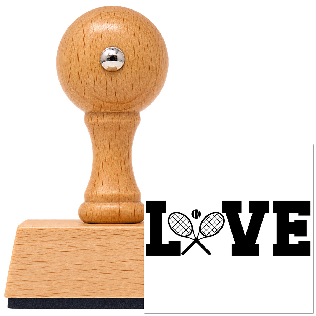Love Crossed Tennis Rackets Vintage Pro rubber stamp in European beech wood with a round knob handle, shown beside its black imprint.