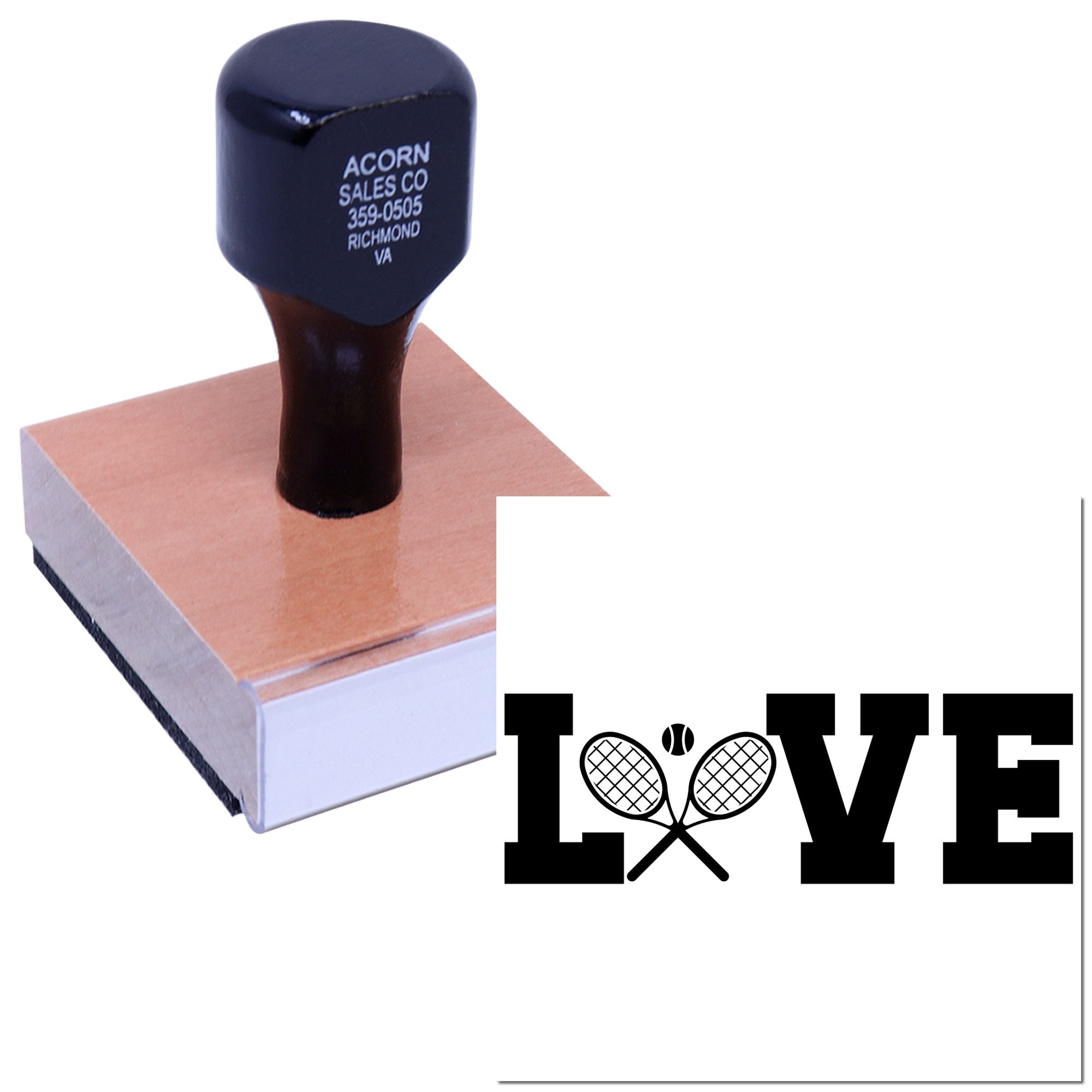 Custom tennis LOVE rubber stamp with personalized logo for stationery, packaging, or event branding.